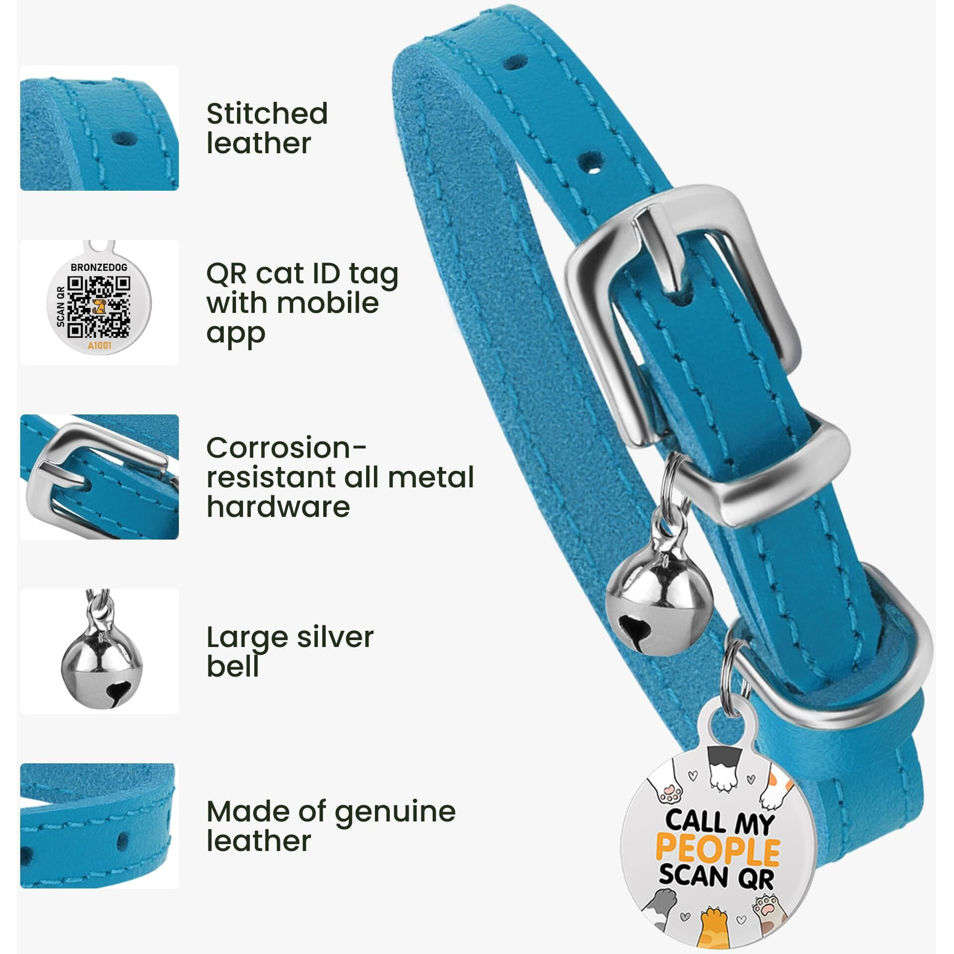 Bronzedog Leather Cat Collar With Removable Bells Non Breakaway Kitten Qr Tag For Girl Boy (7 "" - 9 "" For Cats  Blue & Silver)