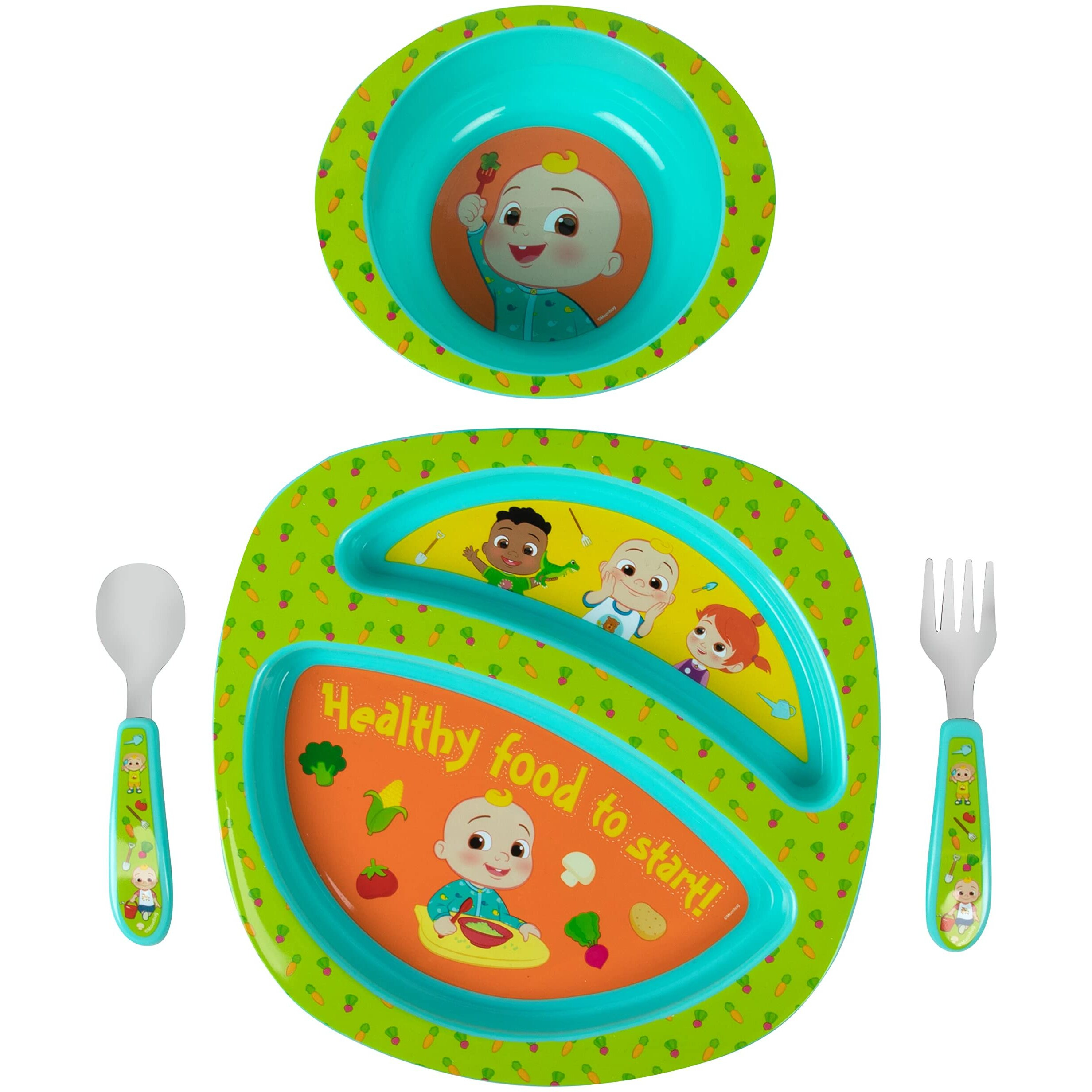 The First Years Cocomelon Dinnerware Set - Toddler Plates And Toddler Utensils- 4 Count