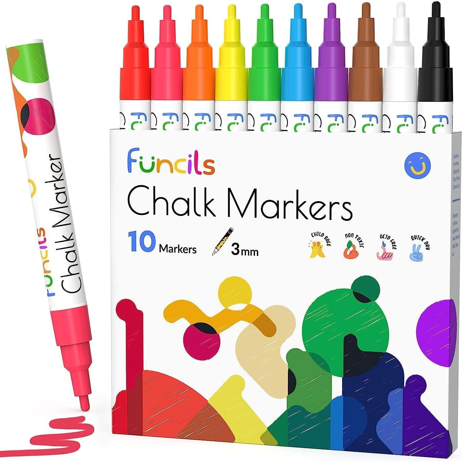 Funcils Fine Tip Chalk Markers For Chalkboard  Blackboard  Window  Labels  Bistro  Glass  Car  Board (10 Pack  3Mm) - Wet Wipe Erasable Ink  3Mm Reversible Tip Liquid Chalk Pens