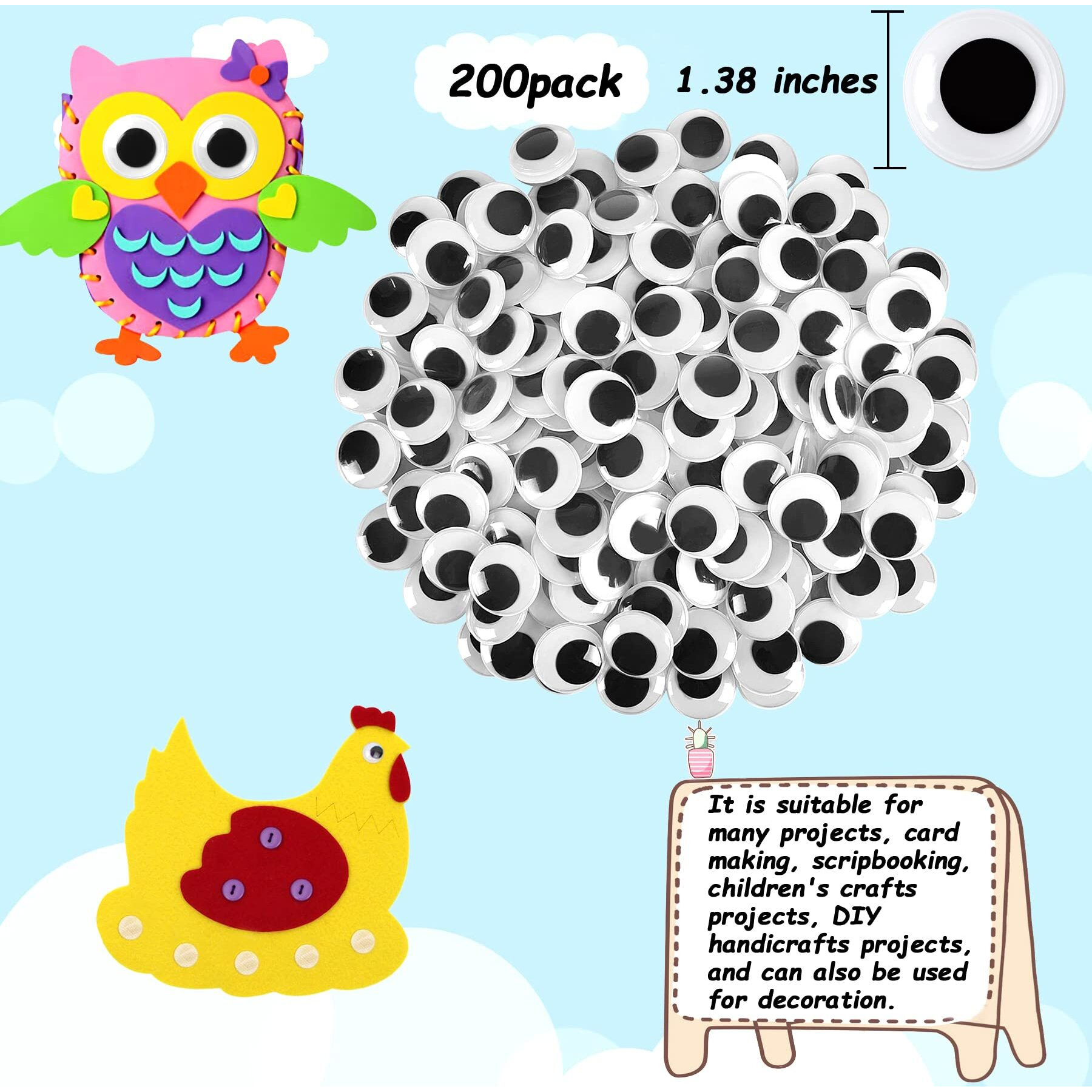 200 Pieces Wiggle Eyes  Febsnow Googly Eyes Self Adhesive Black White Plastic Googly Eyes Mixed Assorted Sizes Sticker Eyes For Diy Crafts Decoration(35Mm)