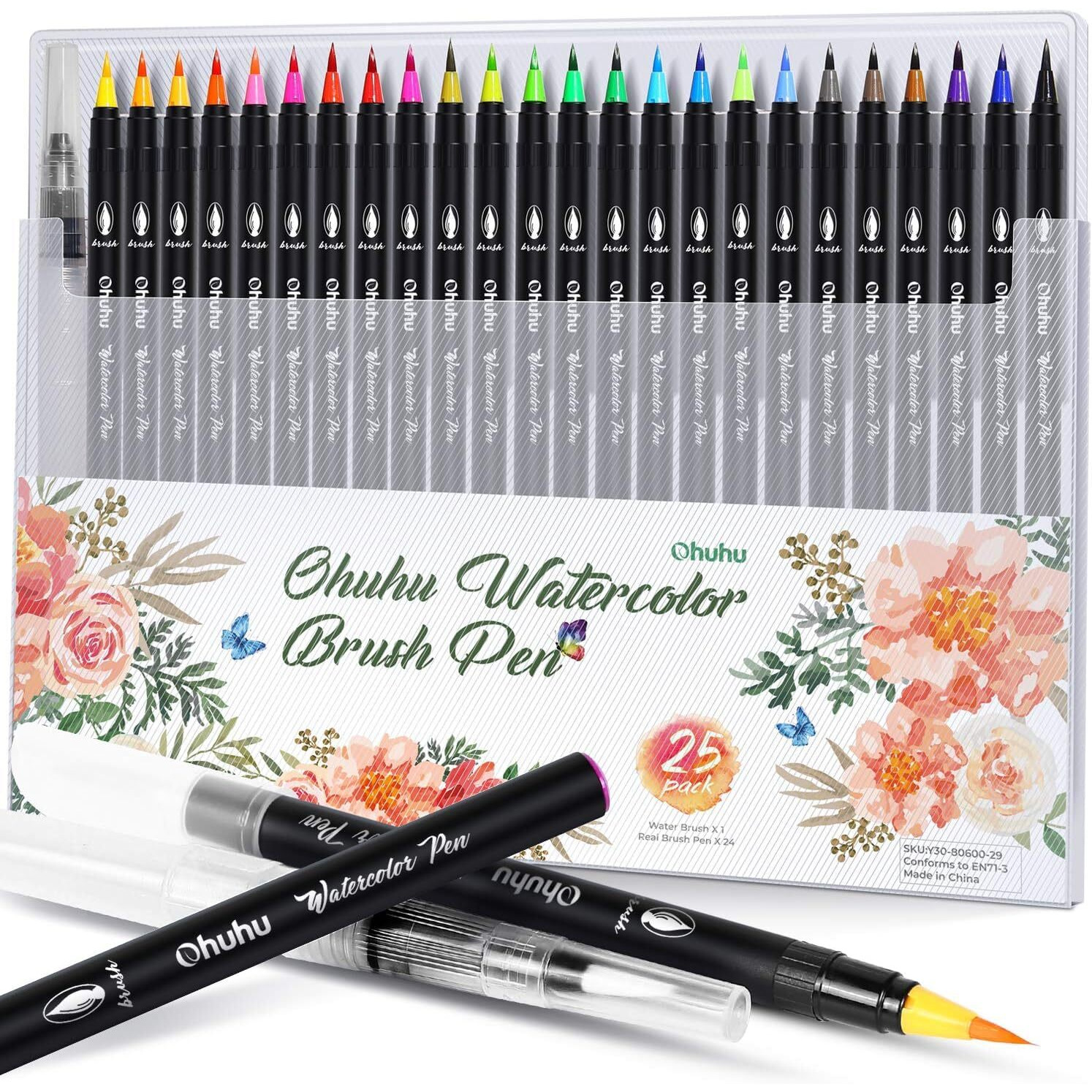 Professional Watercolor Brush Markers Pen 24 Colors Of Ohuhu  Water Based Drawing Marker Brushes W/A Blending Aqua Pen  Water Soluble For Adult Coloring Books Comic Calligraphy