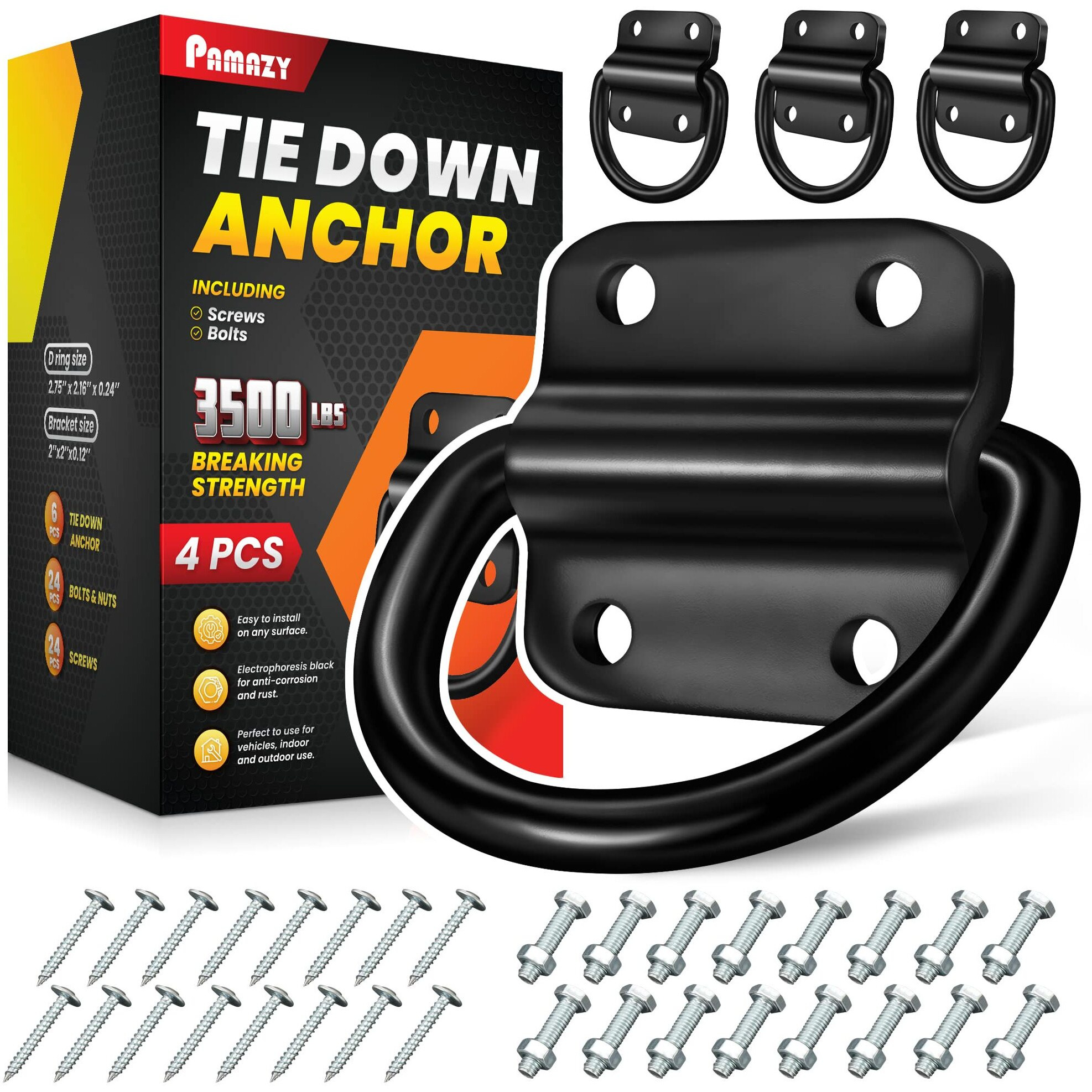 Pamazy 4Pcs Heavy Duty Steel D Rings Tie Down Anchors  Ultra Durable 3500 Pound Breaking Strength Surface Mount Hooks Securing Cargo For Trailer  Truck Bed  With Screws & Bolts