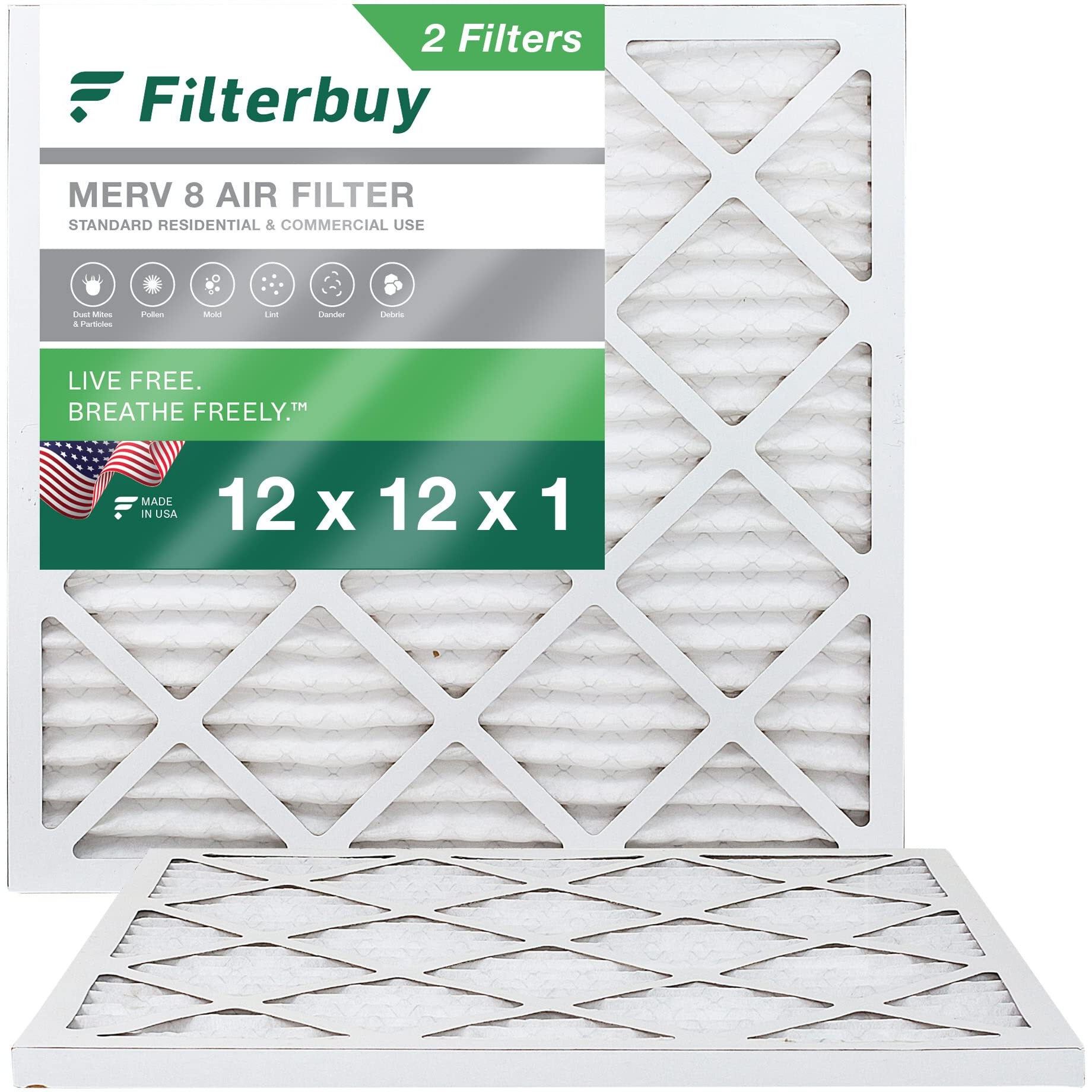 Filterbuy 12X12X1 Air Filter Merv 8 Dust Defense (2-Pack)  Pleated Hvac Ac Furnace Air Filters Replacement (Actual Size 11.69 X 11.69 X 0.75 Inches)