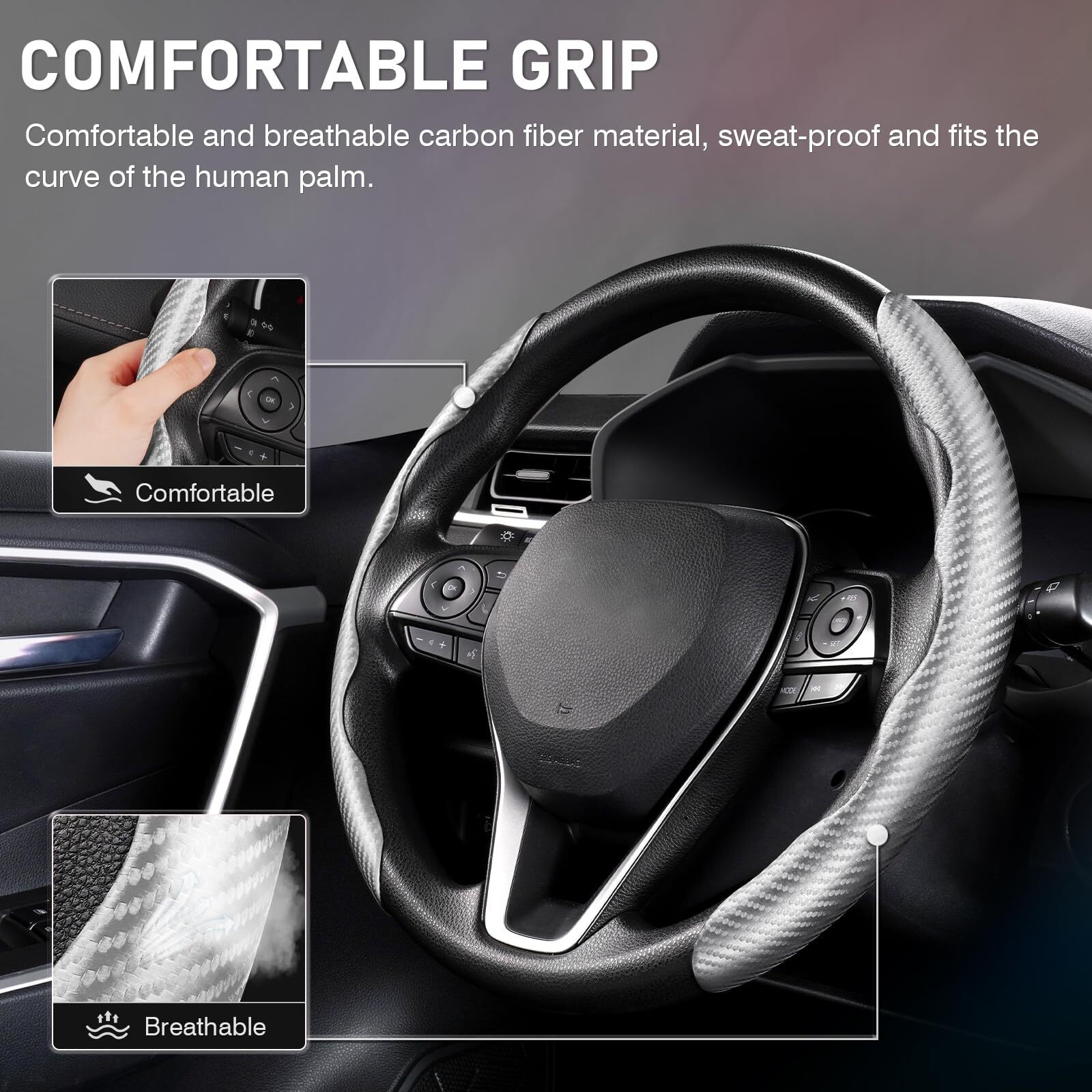 Cartist Steering Wheel Cover  Carbon Fiber Steering Wheel Cover Men/Women  Anti-Slip  Heat Resistant  Durable  Universal For 99% Car Interior Accessories (Silver)