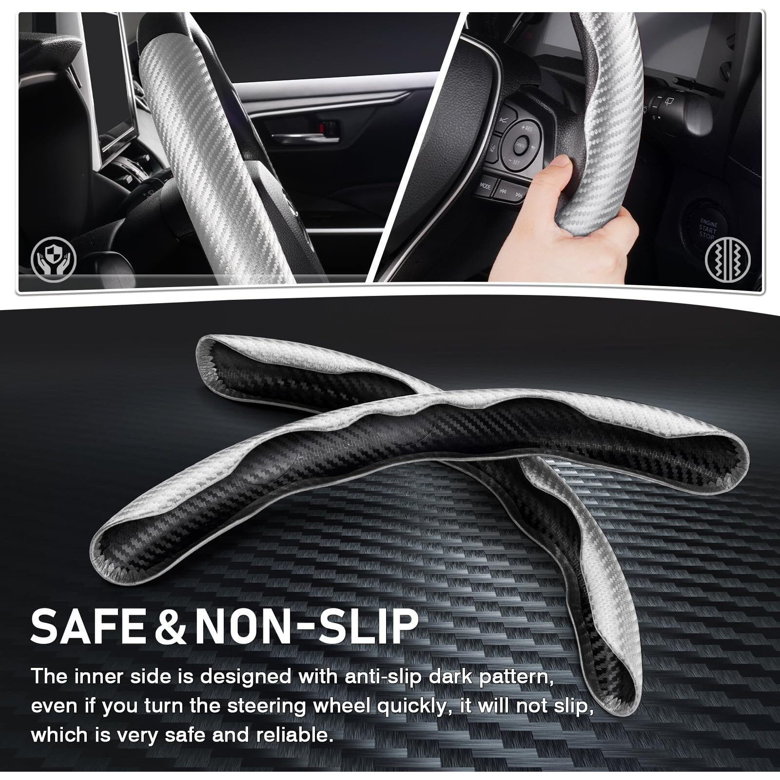 Cartist Steering Wheel Cover  Carbon Fiber Steering Wheel Cover Men/Women  Anti-Slip  Heat Resistant  Durable  Universal For 99% Car Interior Accessories (Silver)