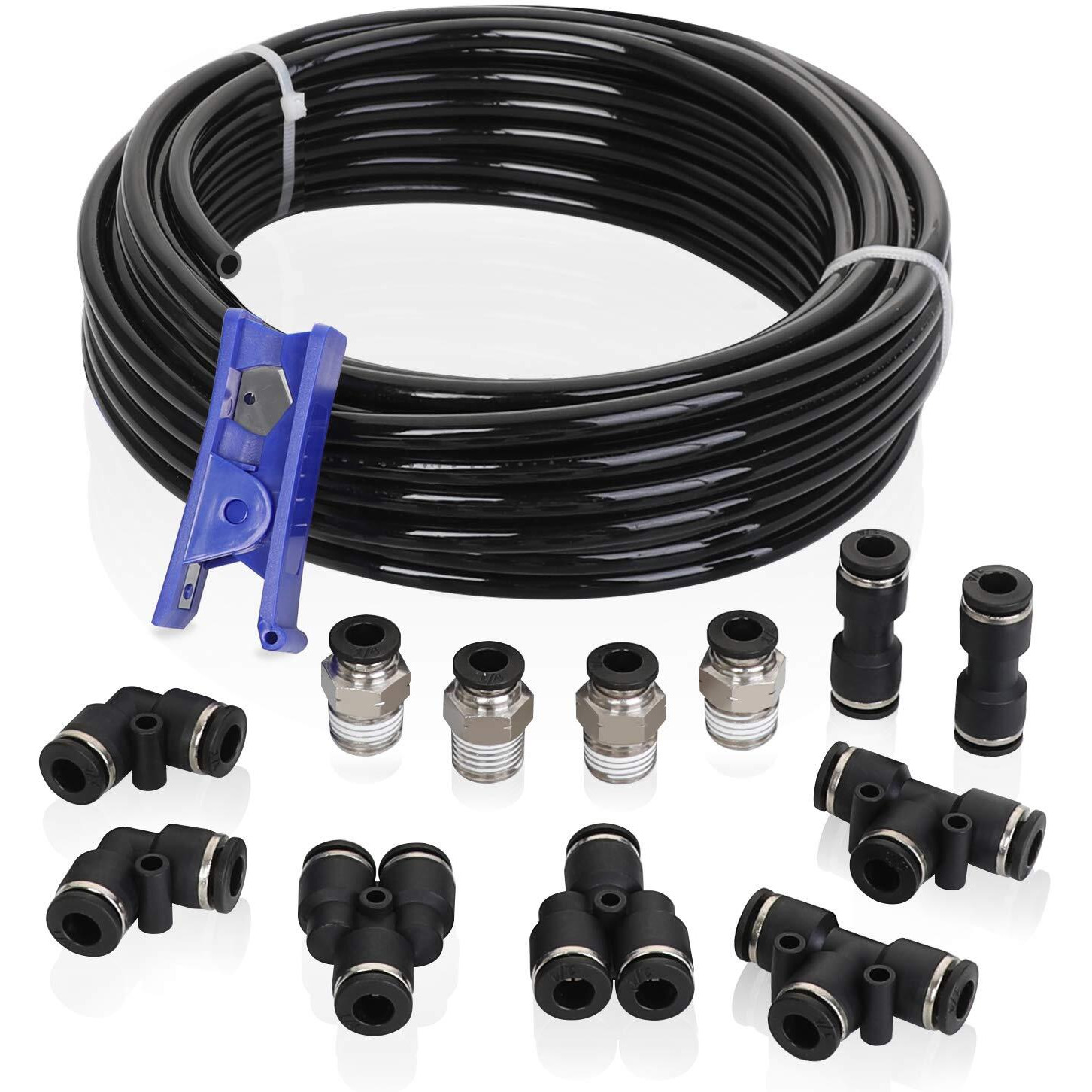 Hromee Air Line Tubing Kit  1/4 Inch (6.35Mm) Od X 32.8 Feet Polyurethane Pu Tube And Push To Connect Fittings  14 Pcs Compressed Pipe And Accessories Kit