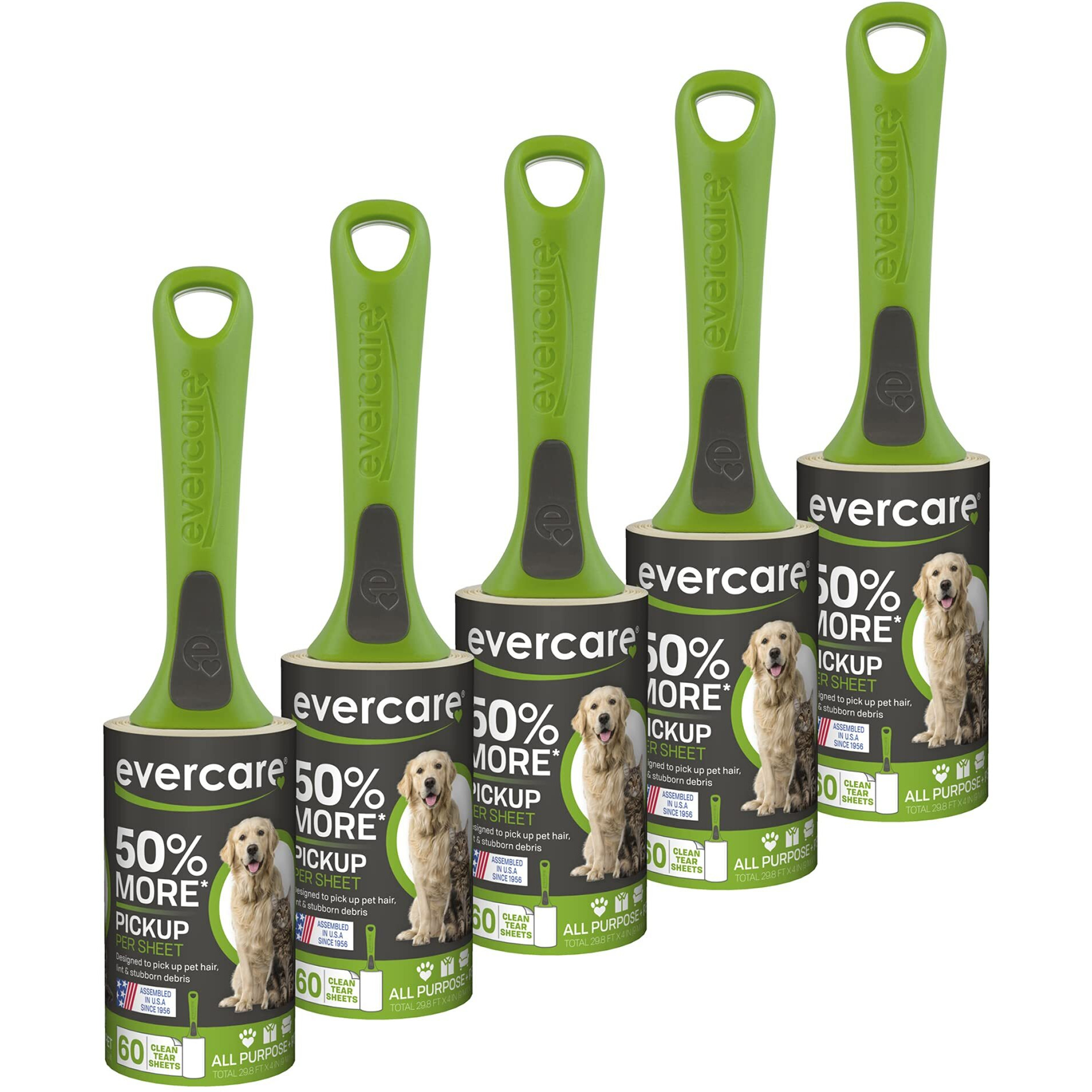Evercare Value Pack Of 5 All Purpose Stick Pet Hair Lint Rollers  60 Sheets Each  Total 300 Sheet Green