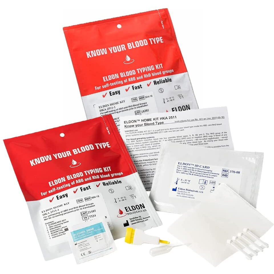 Eldoncard Inc Rapid Blood Type Test (2 Complete Kits) - Air Sealed Envelope  Safety Lancet  Micropipette  Cleansing Swab