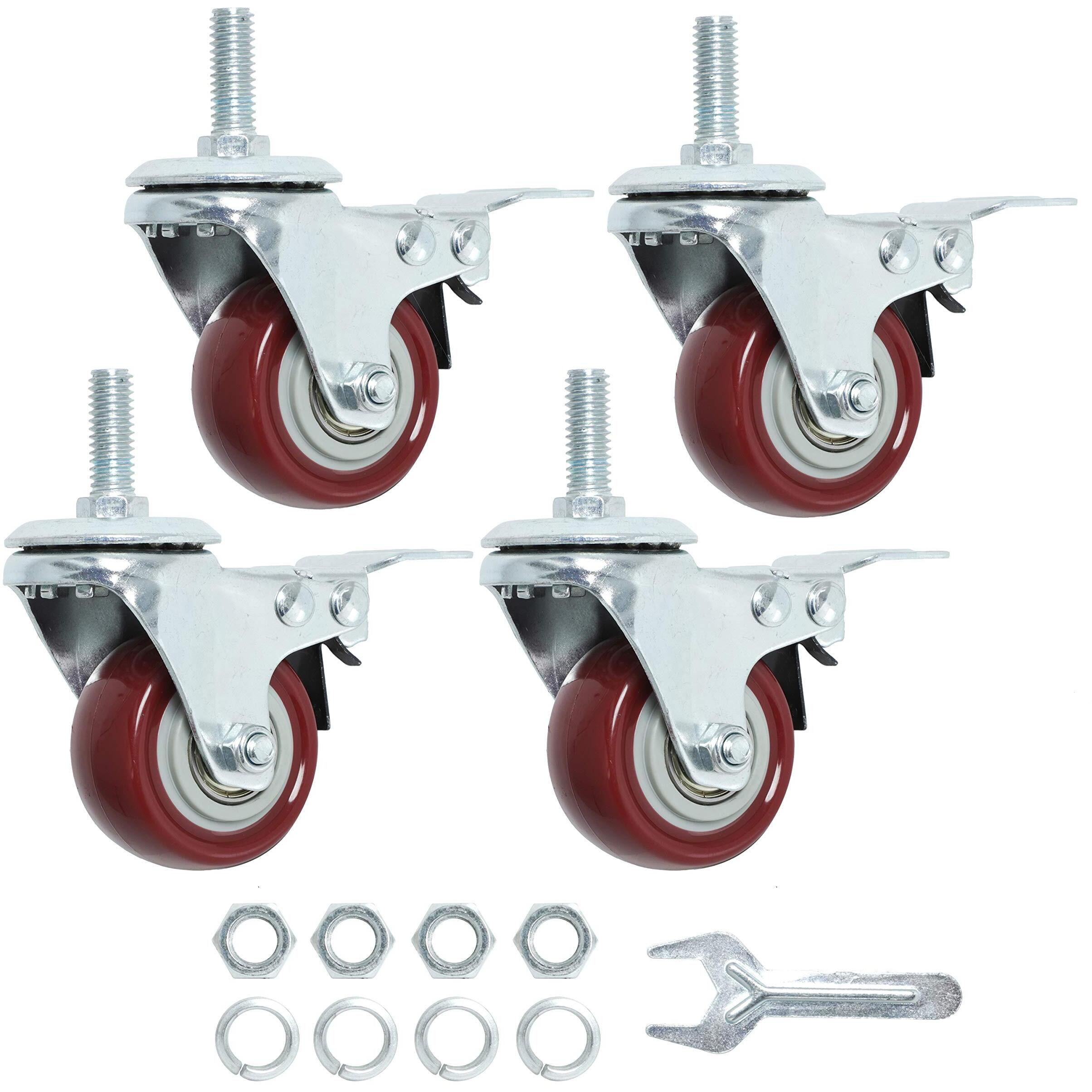 Finnhomy Swivel Caster Wheels 2 Inch Heavy Duty Threaded Stem Casters 5/16""- 18 X 1"" With Brake Set Of 4 Premium Polyurethane Wheels Pu Load Bearing 800 Lbs Anti-Wear Smooth Casters  Red