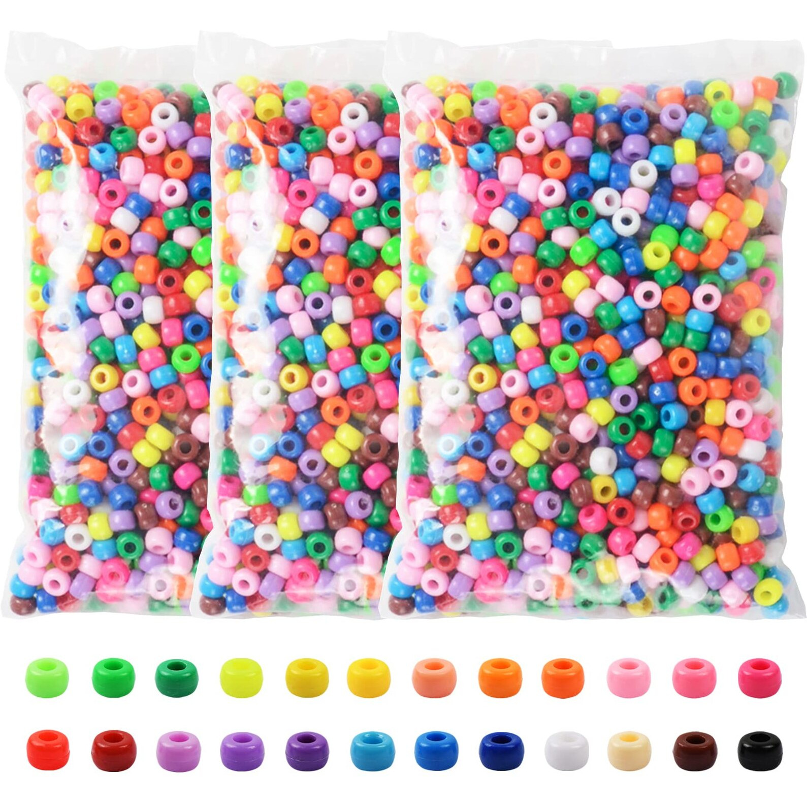 Pony Beads 3600 Pcs 6X9Mm Multi-Colored Plastic Craft Beads Set  Bulk Rainbow Hair Beads 24 Assorted Colors For Diy Crafting Jewelry Making Kandi Bracelets