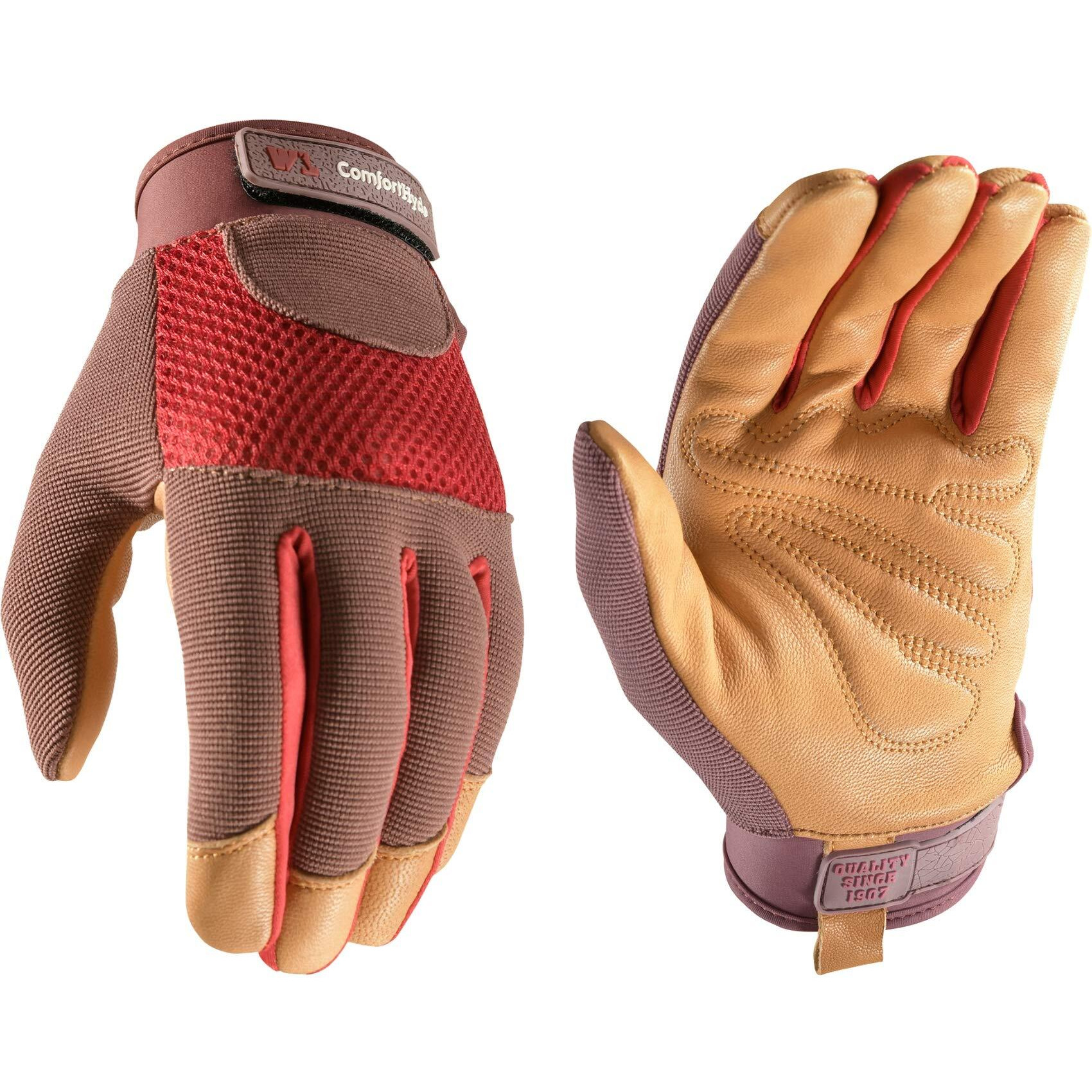 Wells Lamont Women's Breathable Comforthyde Leather Hybrid Work Gardening Gloves  Small (7872S)  Red