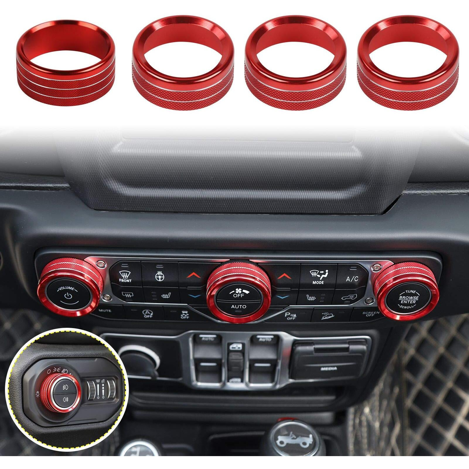 Voodonala Air Conditioner Headlight Center Consoles Switch Knob Cover Trim For 2018-2025+ Jeep Wrangler Jl Jlu Gladiator Jt 4Xe Interior Accessories  Red Aluminum Alloy 4Pcs