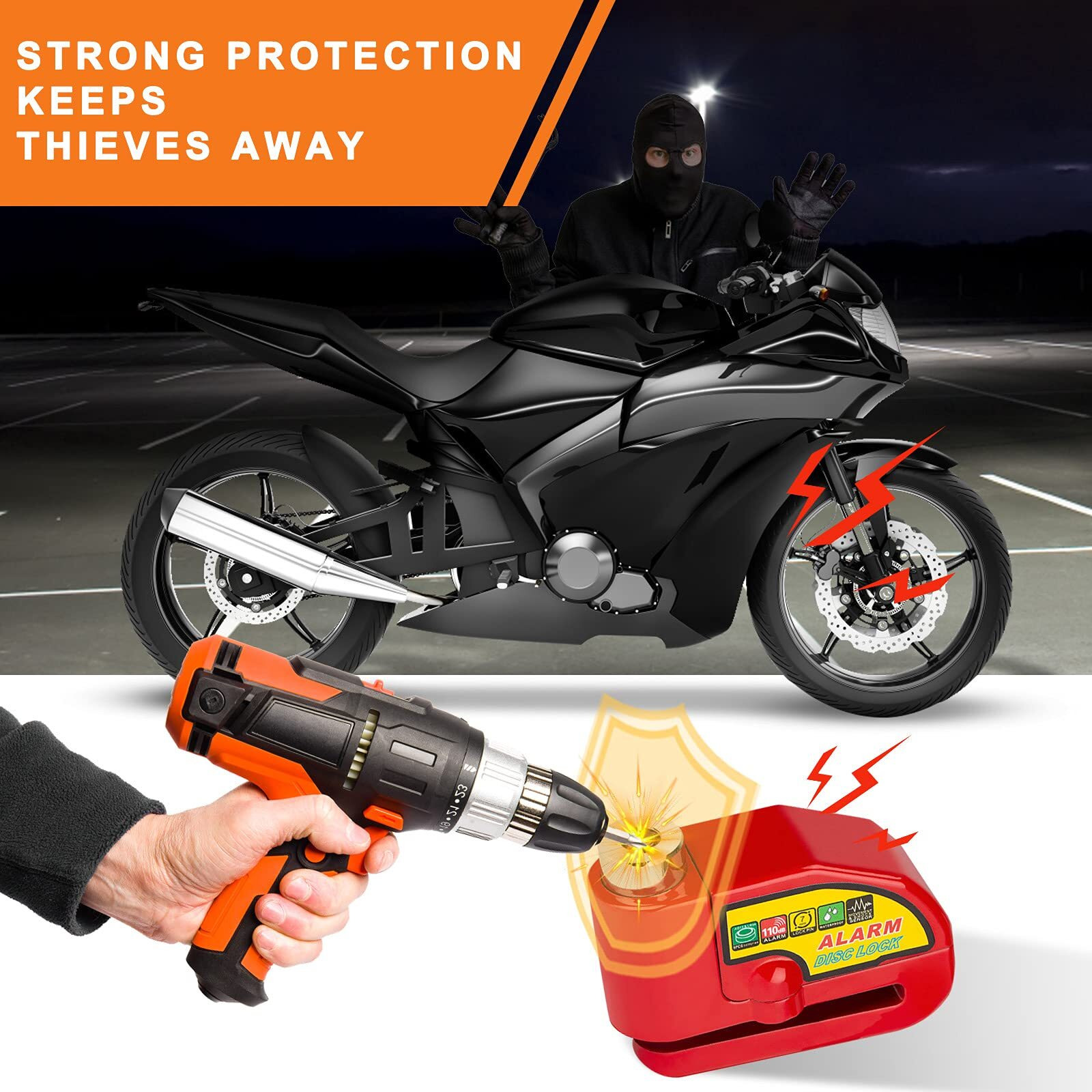 Motorcycle Alarm Disc Brake Lock  Motorcycle Locks Anti Theft Security Wheel Disc Lock Waterproof 110Db Alarm Sound With 5Ft Reminder Cable Keys And Carry Pouch For Motorbike Bike Scooter