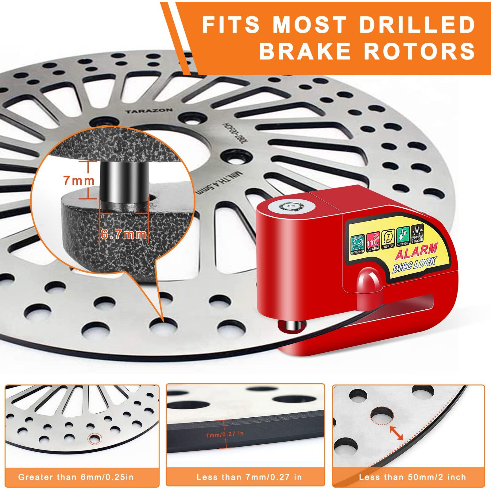 Motorcycle Alarm Disc Brake Lock  Motorcycle Locks Anti Theft Security Wheel Disc Lock Waterproof 110Db Alarm Sound With 5Ft Reminder Cable Keys And Carry Pouch For Motorbike Bike Scooter