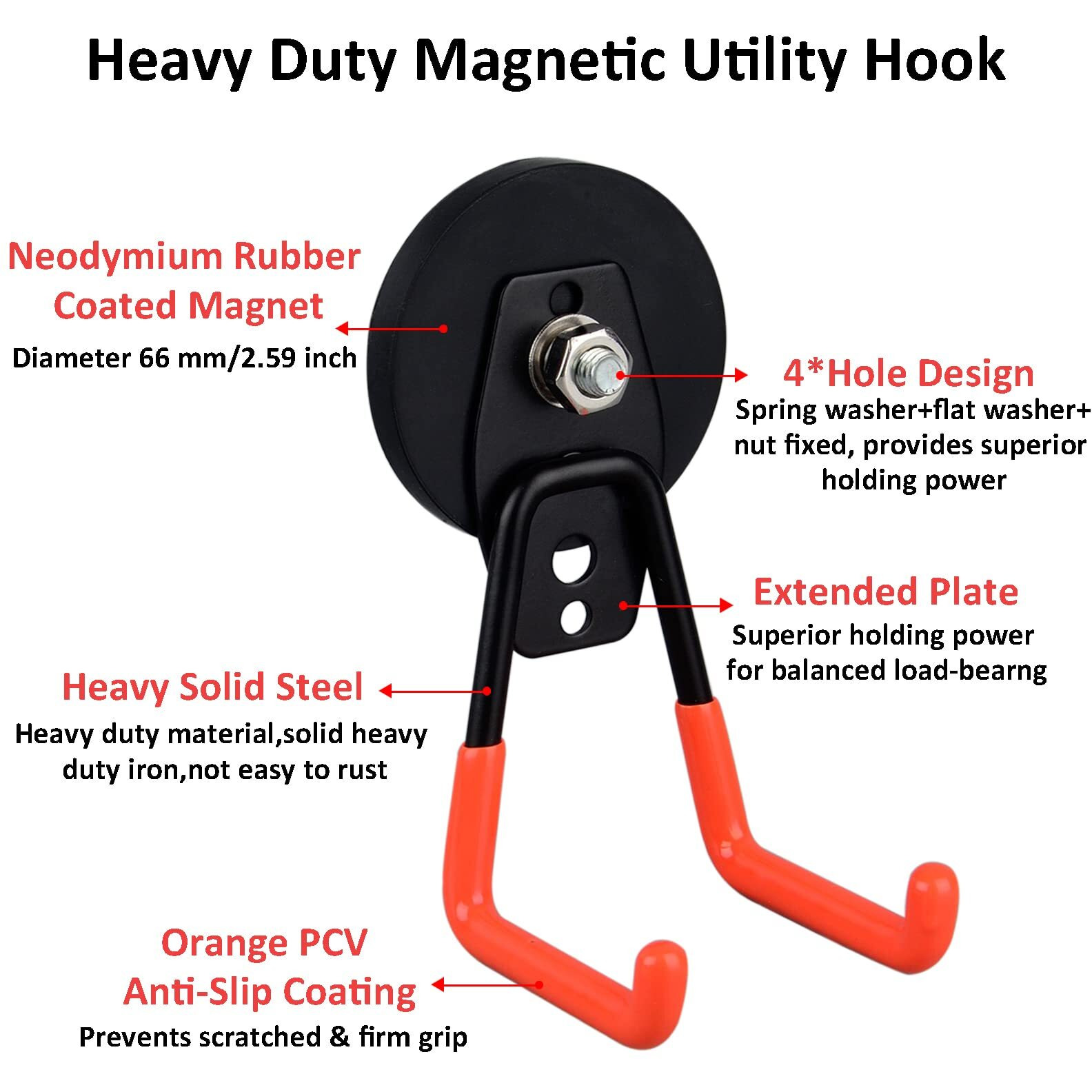 Ulibermagnet Heavy Duty Large Garage Magnet Hooks  2 Pack Strong Storage Utility Magnetic Hooks With Anti-Slip Coating For Indoor & Outdoor Hanging (Orange)