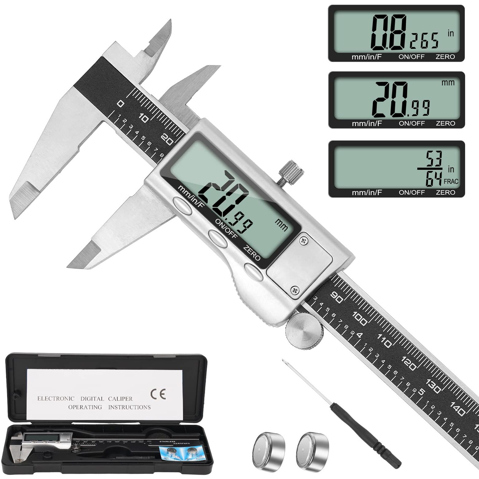 Digital Caliper Measuring Tool  6 Inch Caliper Tool With Large Lcd Screen  Easy Switch From Inch Millimeter Fraction  Stainless Steel Vernier Caliper Digital Micrometer For Diy/Household