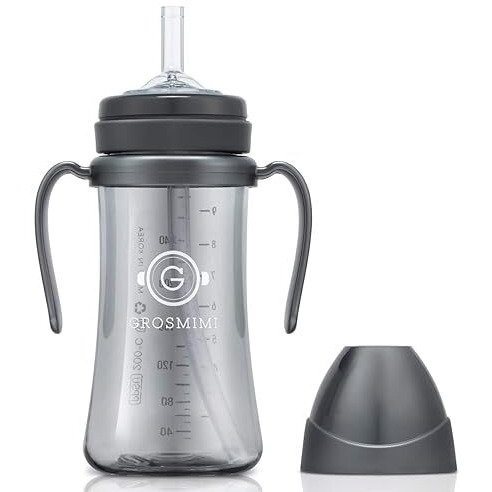 Grosmimi Spill Proof No Spill Magic Sippy Cup With Straw With Handle For Baby And Toddlers  Customizable  Ppsu  Bpa Free 10 Oz (Charcoal)