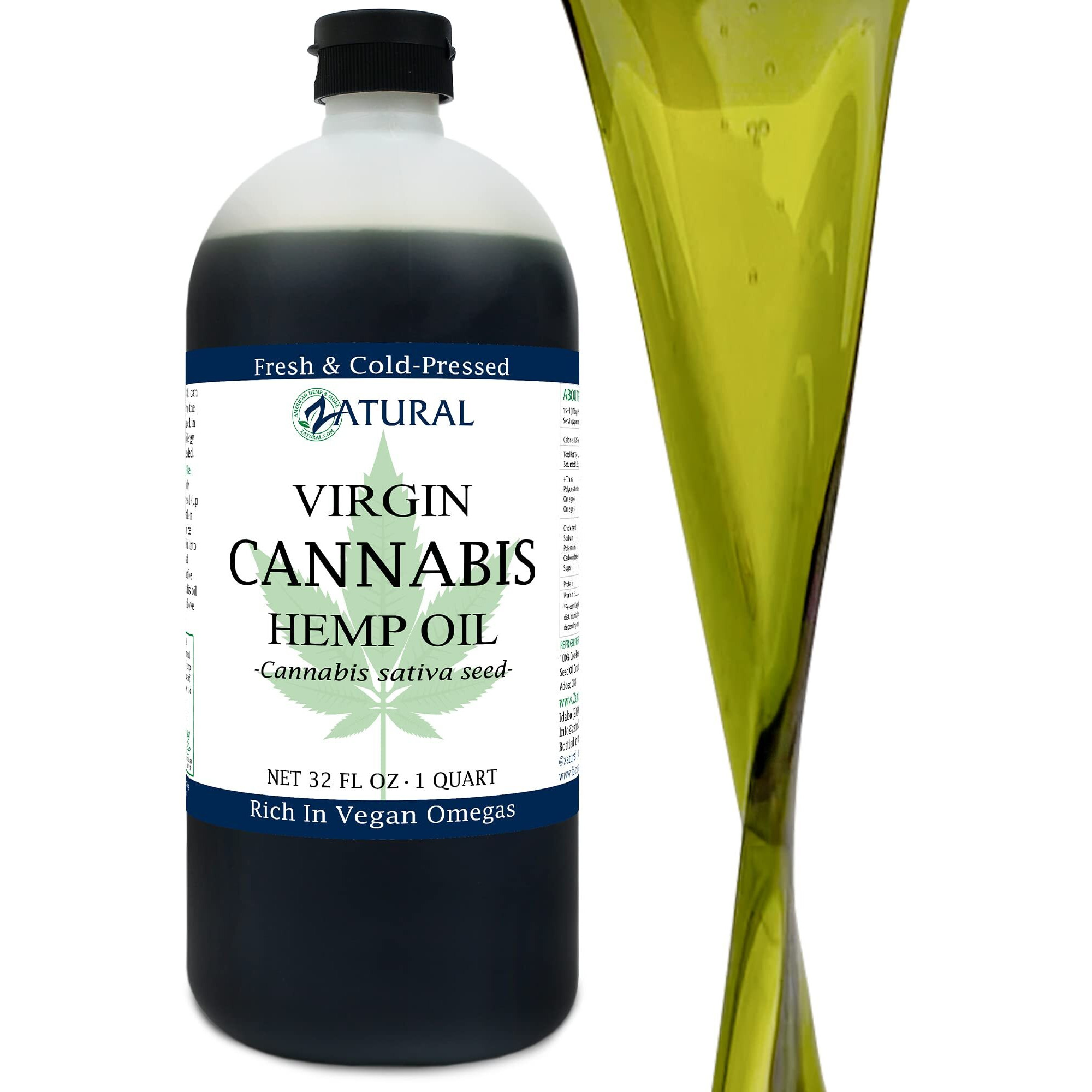 Zatural Organically Grown Hemp Oil 100% Pure Cold Pressed High Vegan Omegas 3 & 6 No Fillers Or Additives Therapeutic Grade (32 Ounce)