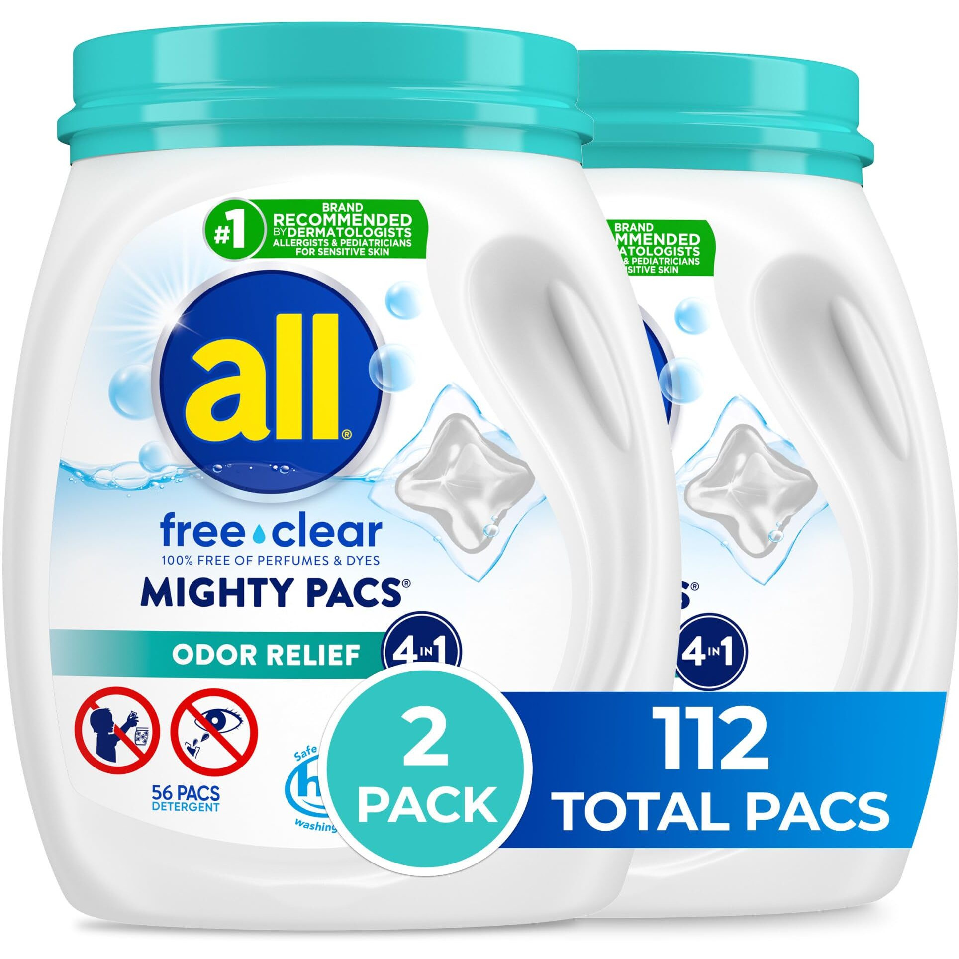 All Mighty Pacs Laundry Detergent  Free Clear Odor Relief  Tub  56 Count (Pack Of 2)  112 Total Loads