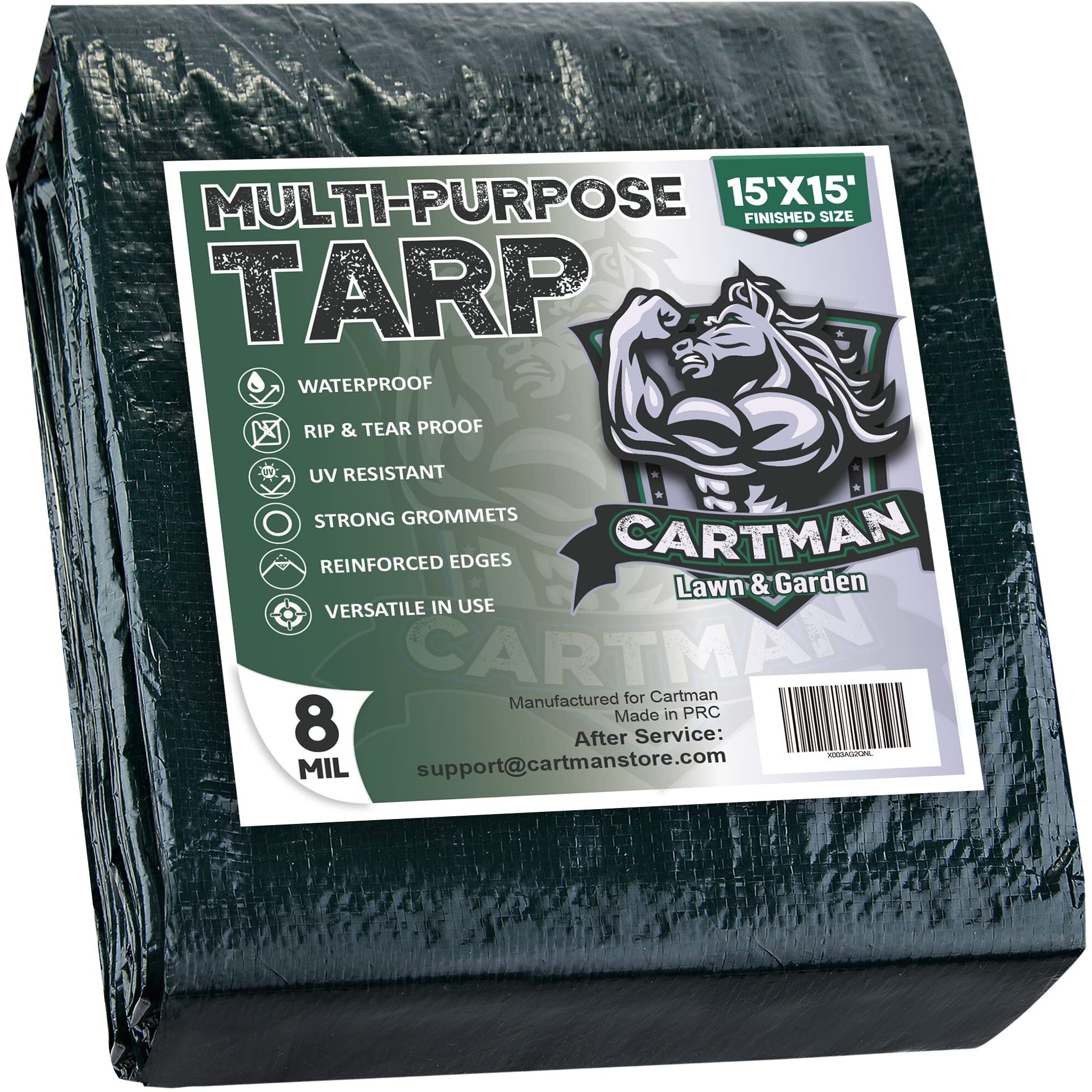 Cartman Finished Size 15X15 Feet Waterproof Heavy Duty Poly Tarp 8 Mil Thick  Multipurpose Protective Cover For Emergency Rain Shelter Camping Tarpaulin