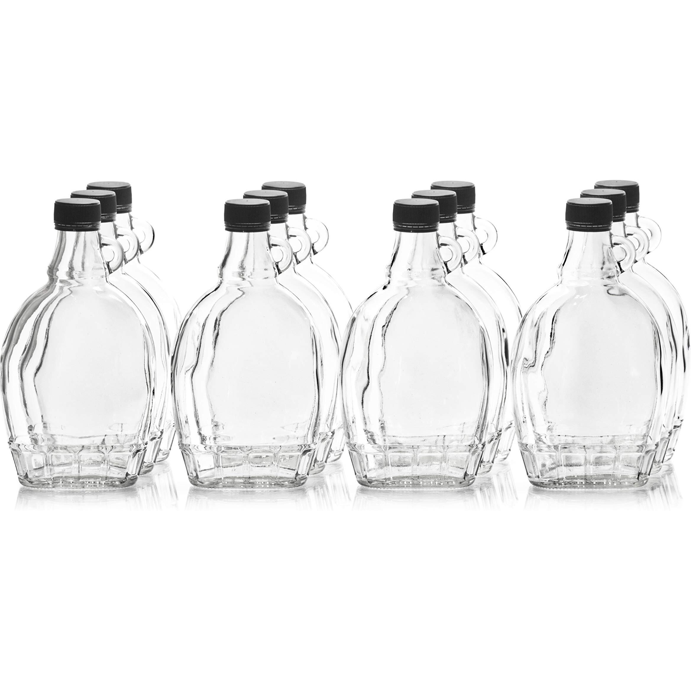 North Mountain Supply 12 Ounce Glass Maple Syrup Bottles With Loop Handle & Black Plastic Tamper Evident Lids - Case Of 12