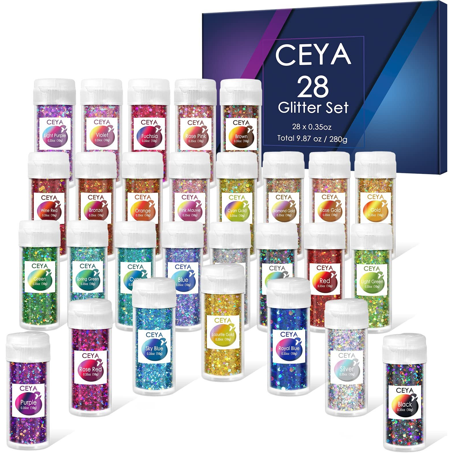 Ceya Holographic Chunky Glitter Set 28 Colors  9.87Oz/280G Craft Glitter Powder Mixed Chunky Fine Sparkle Flakes Each 15Ml Iridescent Nail Sequins For Epoxy Resin Nail Art Tumbler Slime Festival Decor