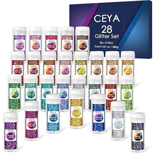 Ceya Holographic Chunky Glitter Set 28 Colors  9.87Oz/280G Craft Glitter Powder Mixed Chunky Fine Sparkle Flakes Each 15Ml Iridescent Nail Sequins For Epoxy Resin Nail Art Tumbler Slime Festival Decor