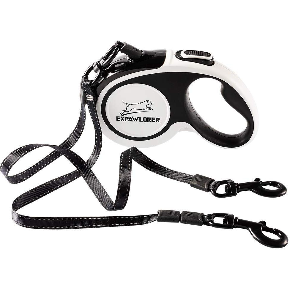 Dual Retractable Dog Leash - Double-Head Lockable Extendable Pet Leash - 16Ft Reflective Nylon Ribbon - 360 Tangle-Free For Two Dogs Walking Training