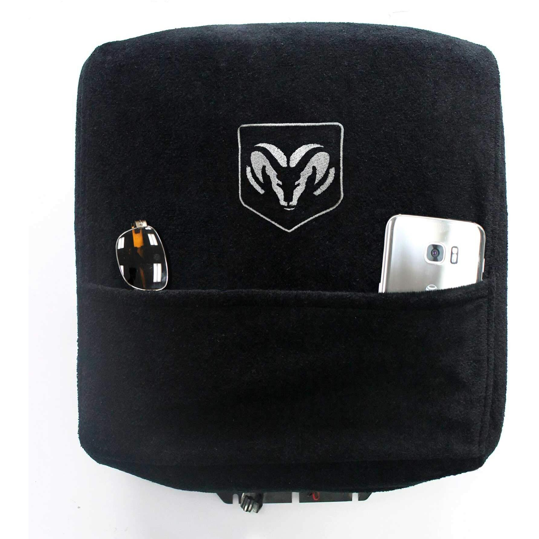 Seat Armour Custom Fit Officially Licensed Center Console Cover With Ram Embroidered Silver Logo For Select Ram Models With Bucket Seat (Not Bench/Jump Seat) Black