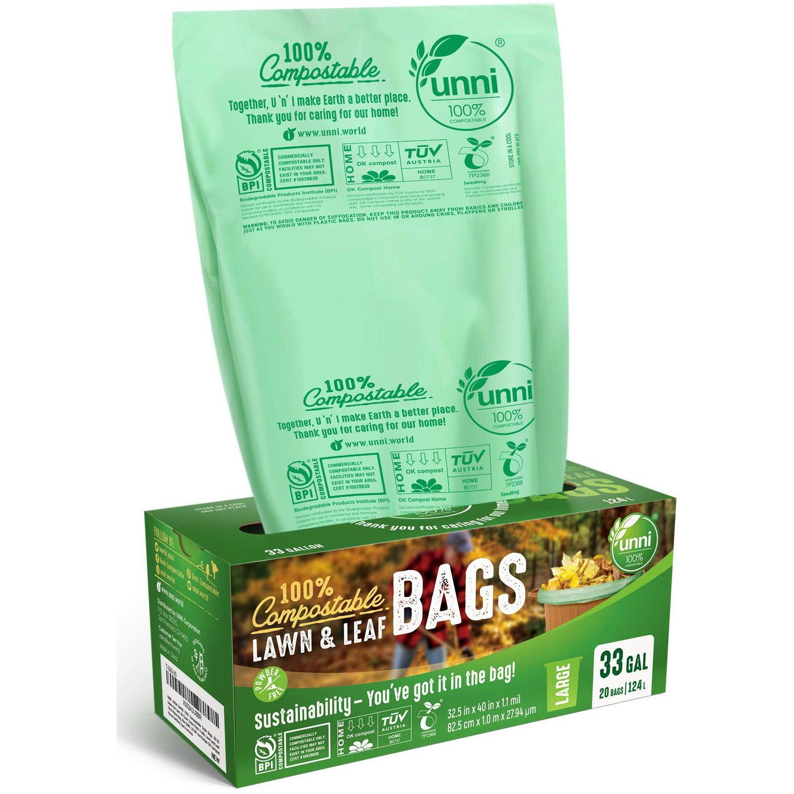 Unni 100% Compostable Bags  30-33 Gallon  124 Liter  40 Count  Extra Thick 1.1 Mils  Lawn & Leaf Yard Waste Bag  Non-Gmo  Astm D6400  En 13432  Us Bpi & Europe Ok Compost Home Certified  San Francisco