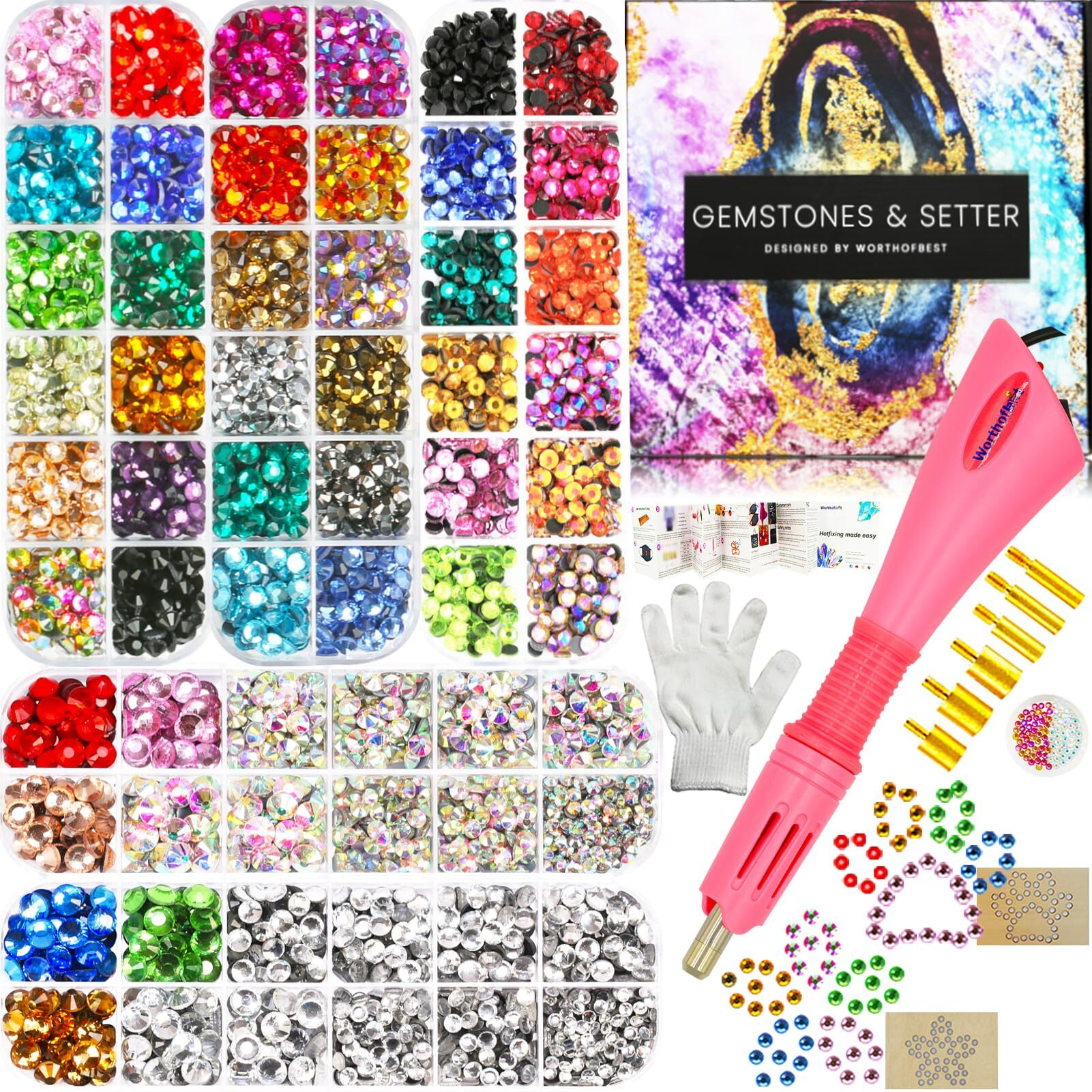Worthofbest Hotfix Applicator Tool  Bedazzler Kit With Rhinestones  Bedazzling Kit  5 Boxes Hot Fix Crystals In 3/4/5/6Mm For Costume Clothing Clothes Fabric Craft Wood Cardstock Leather  W/Gift Box