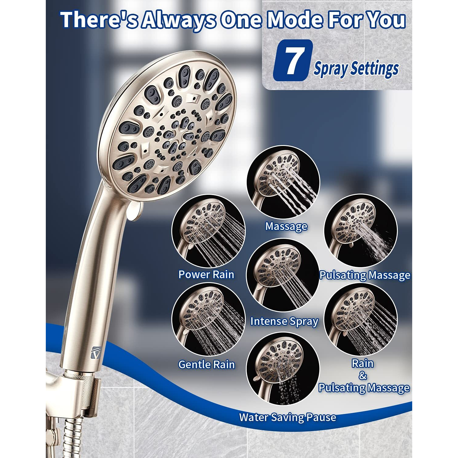 High Pressure Handheld Shower Head Vmasstone 7-Spray Setting Showerhead Kit With 59"" Stainless Steel Hose And Adjustable Mount For Showering Enjoyment Even At Low Water Flow (Hm-002 Brushed Nickel)