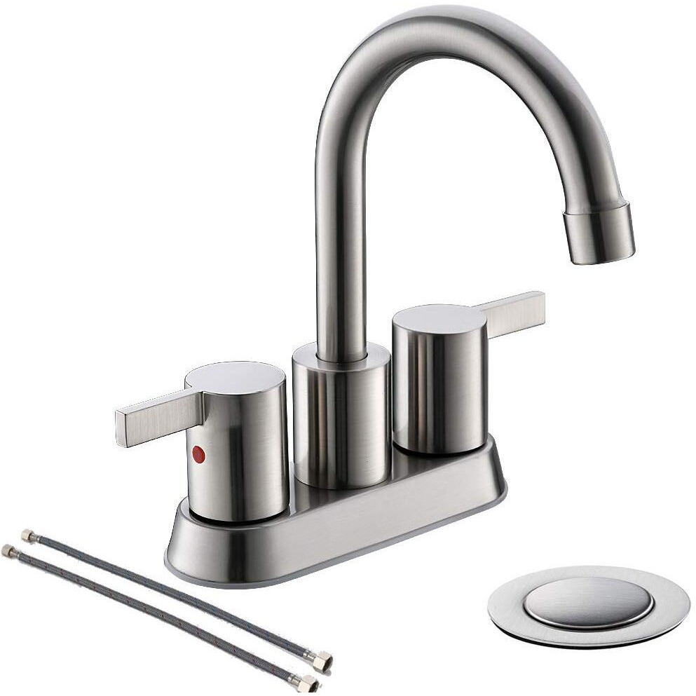 Phiestina Brushed Nickel 4 Inch 2 Handle Centerset Lead-Free Bathroom Sink Faucet  With Copper Pop Up Drain And 2 Water Supply Lines  Bf015-1-Bn