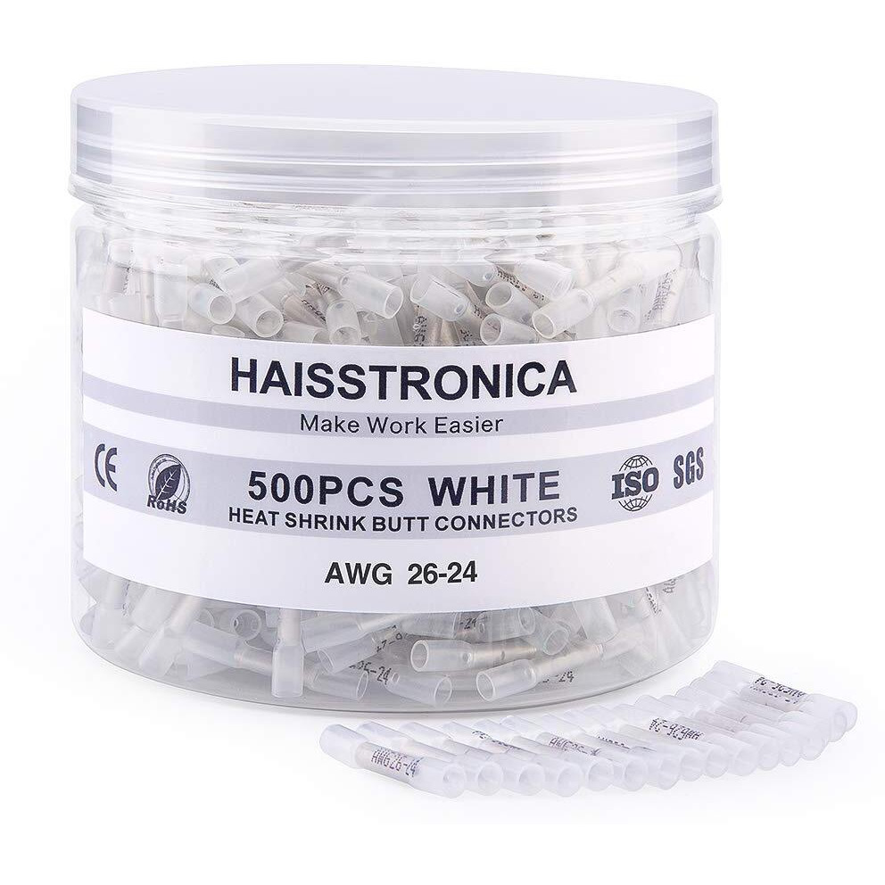 Haisstronica 500Pcs White Heat Shrink Butt Connectors 26-24 Gauge-Insulated Waterproof Electrical Butt Connectors Marine Automotive Crimp -Butt Splice Connectors