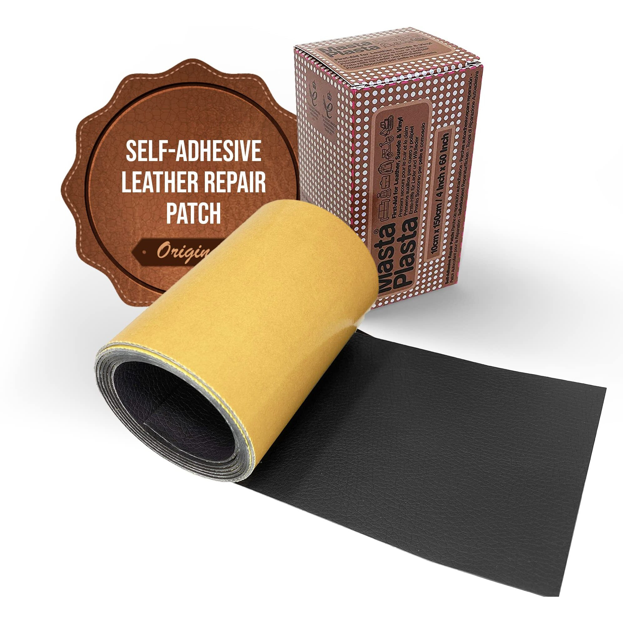 Mastaplasta Original Self-Adhesive Leather Repair Patch Tape - Black 60"" X 4"" (150 X 10 Cm). Instant Upholstery-Quality Scratch And Tear Repair On A Roll For Sofas  Car Interiors  Bags  Vinyl & More