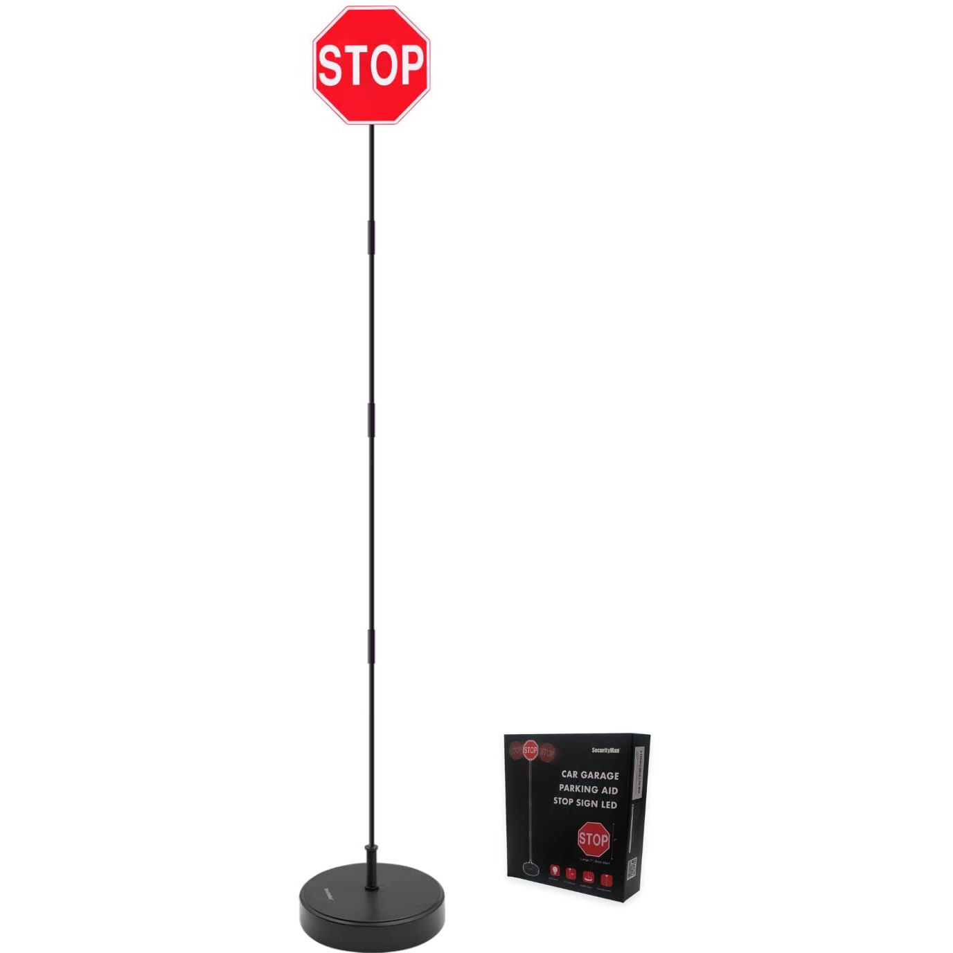 Securityman Led Stop Sign For Garage Parking Assist [Upgraded Base] - Large 7"" Sign  Bright Red Leds  Adjustable Height - Garage Car Stop Indicator That Lights Up