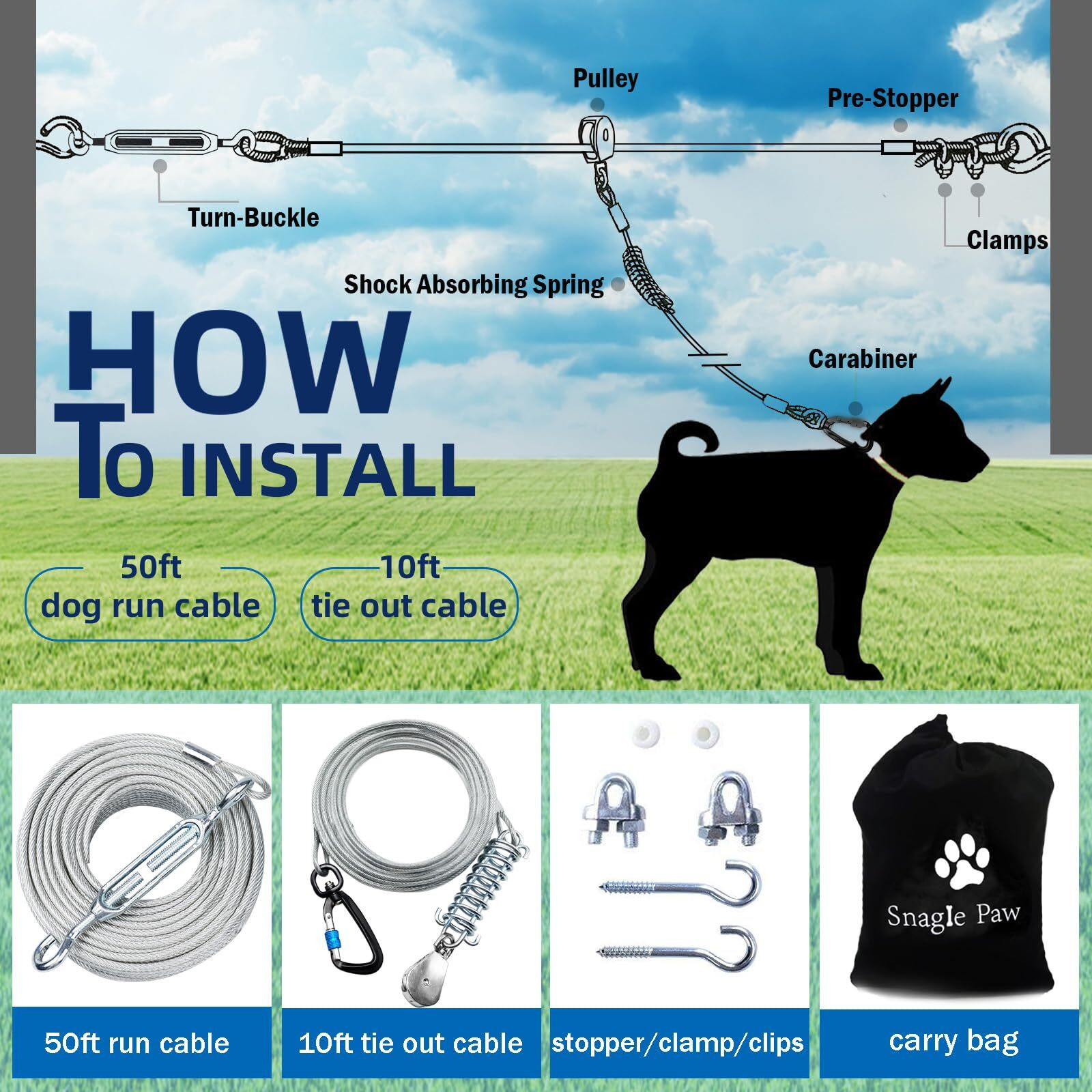 Dog Tie Out Runner For Yard Trolley System For Large Dogs Heavy Duty Dog Run Cable Lead 50Ft With 10Ft Pulley Runner Line For Small Medium And Large Dogs Up To 250Lbs Running Outside Yard Or Camping