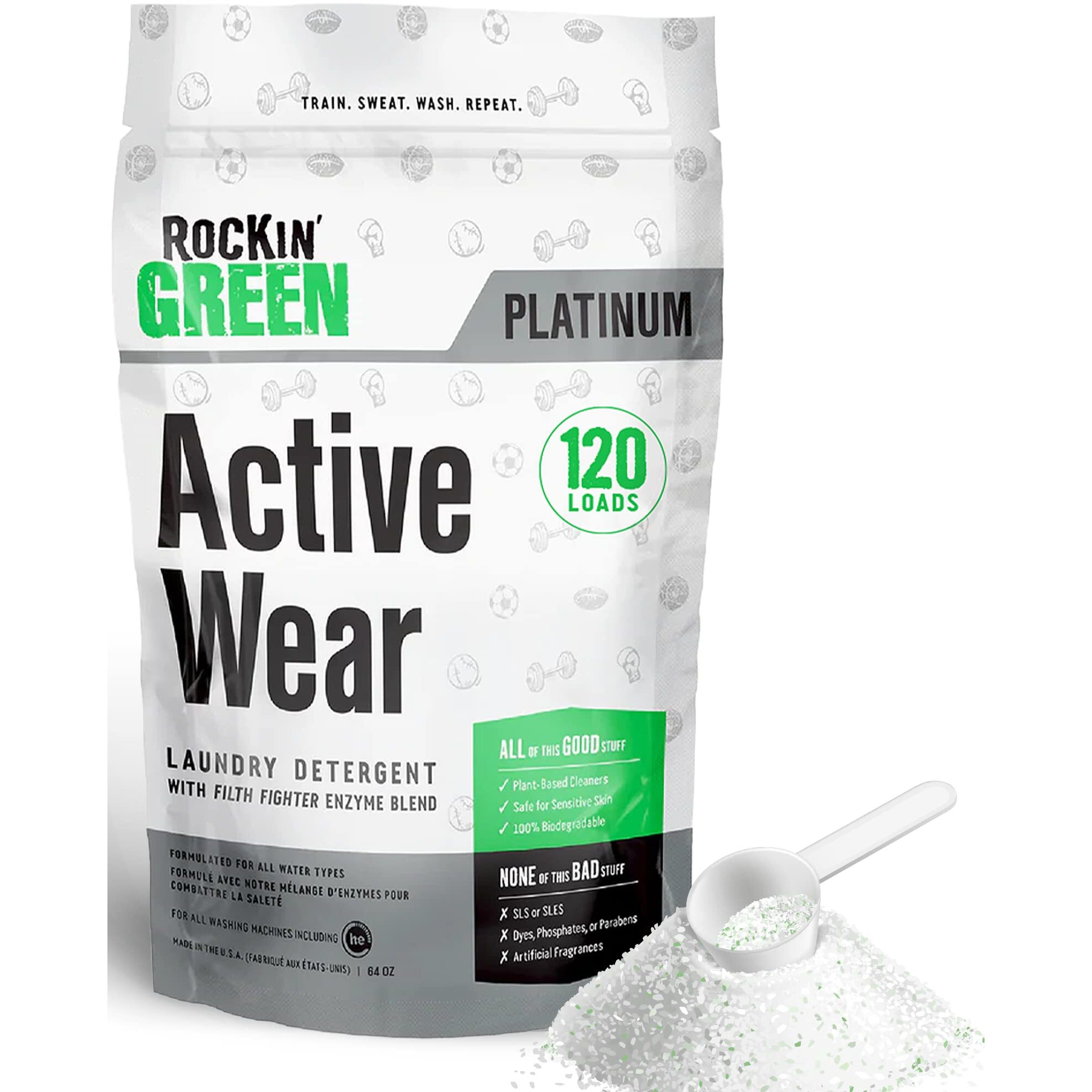 Rockin' Green Laundry Detergent  Plant Based  All Natural Laundry Detergent Powder  Vegan And Biodegradable Odor Fighter  Safe For Sensitive Skin (Active Wear 120 Loads - Unscented)