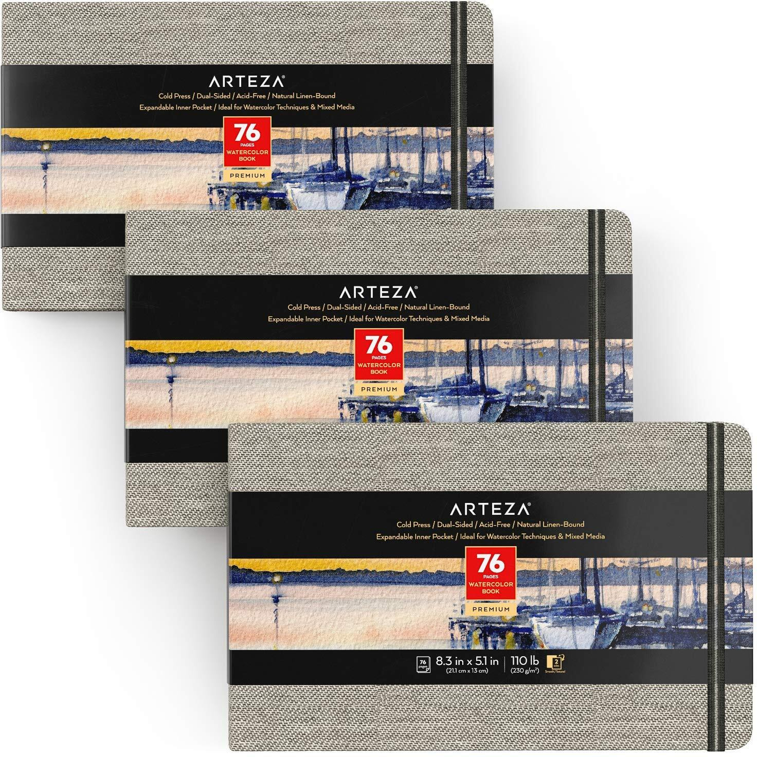 Arteza Watercolor Book  Pack Of 3  5.1X8.3 Inch  76 Pages Per Pad  110Lb/230Gsm Cold Pressed Watercolor Paper  Watercolor Sketchbook Journal For Wet And Dry Media  Art Supplies For Creative Minds