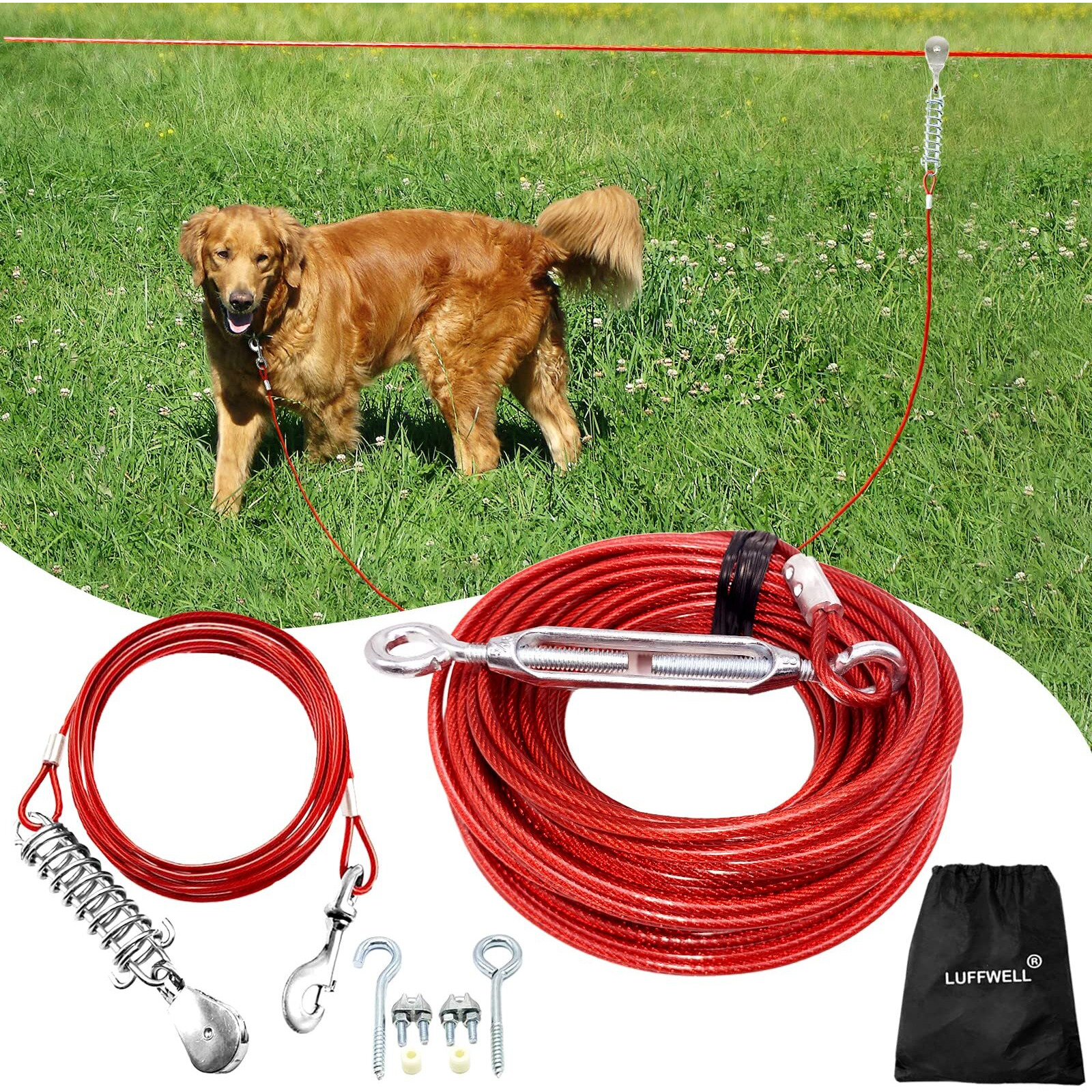 Luffwell Dog Runs For Outside  100Ft Dog Runner For Yard With 15Ft Dog Tie Out Cable  Heavy Duty Dog Run Lead For Large Dogs  Trolley System Zipline For Dogs 125 Lbs