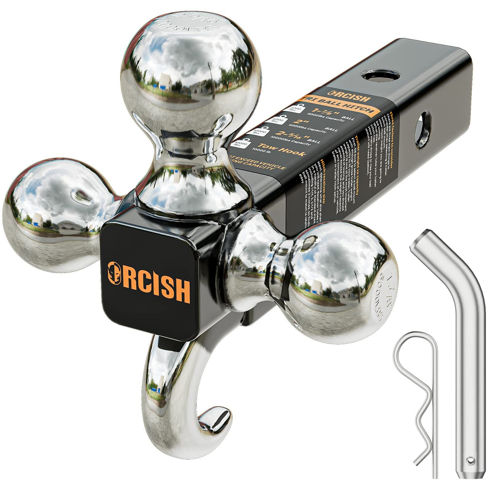 Orcish Trailer Hitch Tri-Ball Mount With Hook & Pin  Trailer Ball Size 1-7/8""  2"" And 2-5/16""  Fit 2 Inch Hitch Receiver  2/3 In 1 Ball Truck Hitch  Tow Hitch