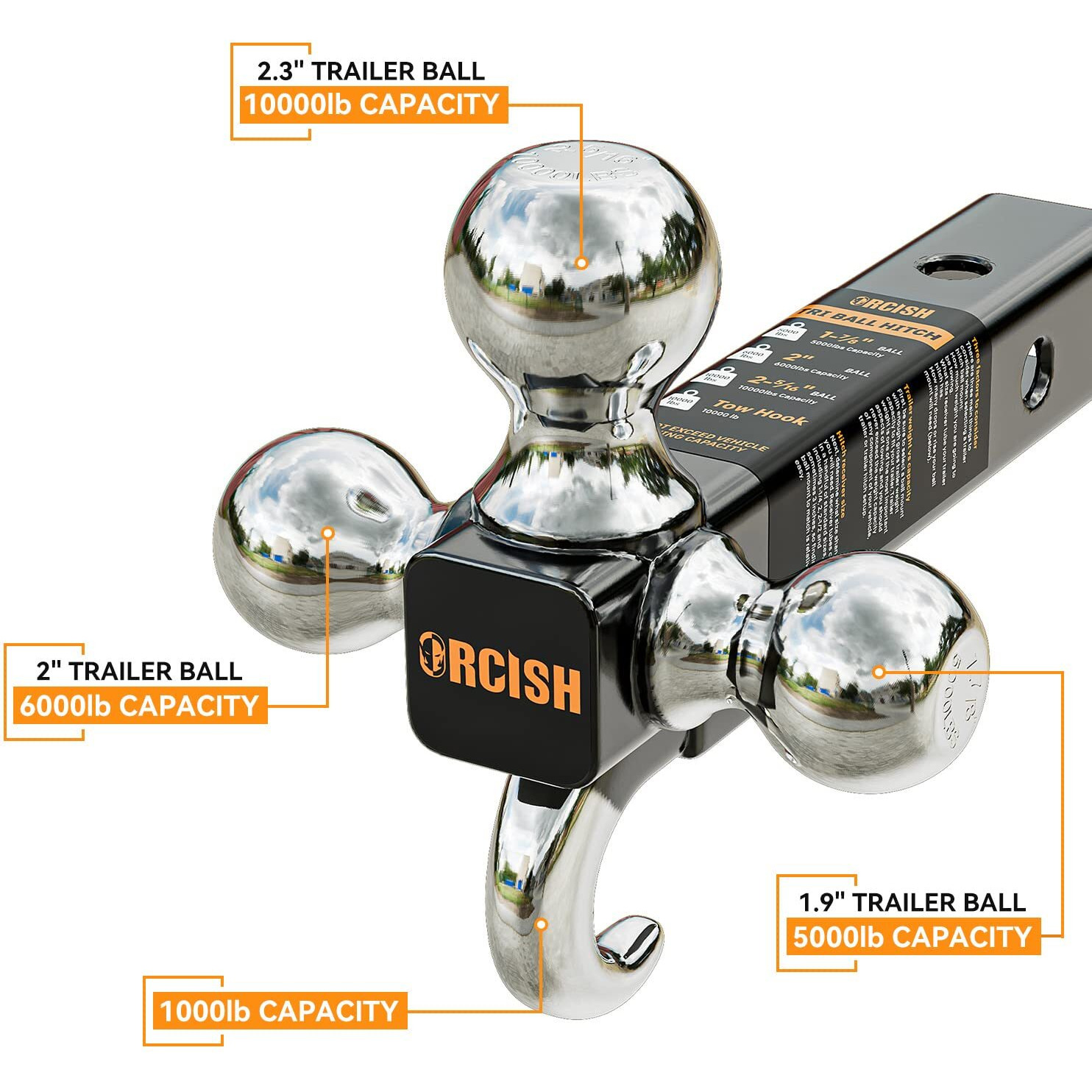 Orcish Trailer Hitch Tri-Ball Mount With Hook & Pin  Trailer Ball Size 1-7/8""  2"" And 2-5/16""  Fit 2 Inch Hitch Receiver  2/3 In 1 Ball Truck Hitch  Tow Hitch
