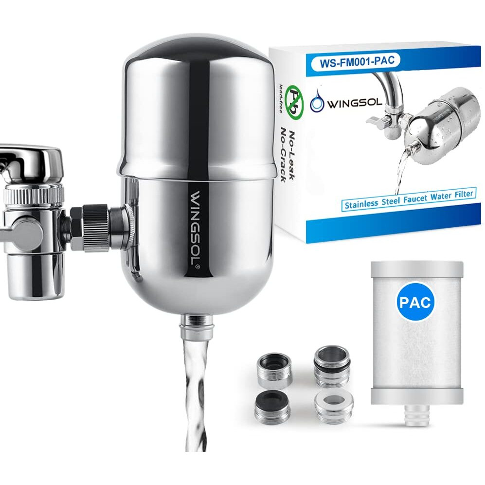 Wingsol Stainless-Steel Faucet Water Filter  Faucet Mount Water Filtration System  Tap Water Filter  Reduce Chlorine  Heavy Metals And Bad Taste  320G Long Lasting Ws-Fm001-Pac (1 Filter Included)