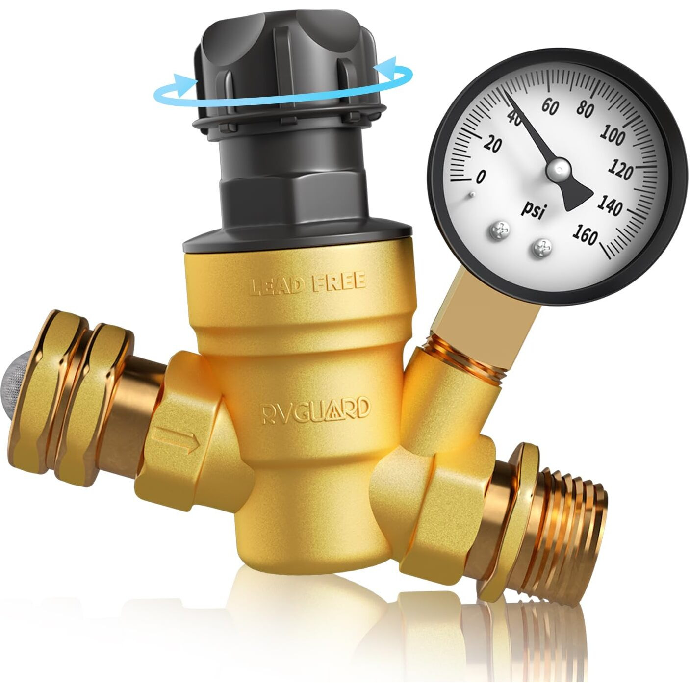 Rvguard Rv Water Pressure Regulator Valve With An Adjustable Knob  No Tool Required  Brass Lead-Free Water Pressure Reducer With Gauge And Inlet Screen Filter For Rv Camper Travel Trailer