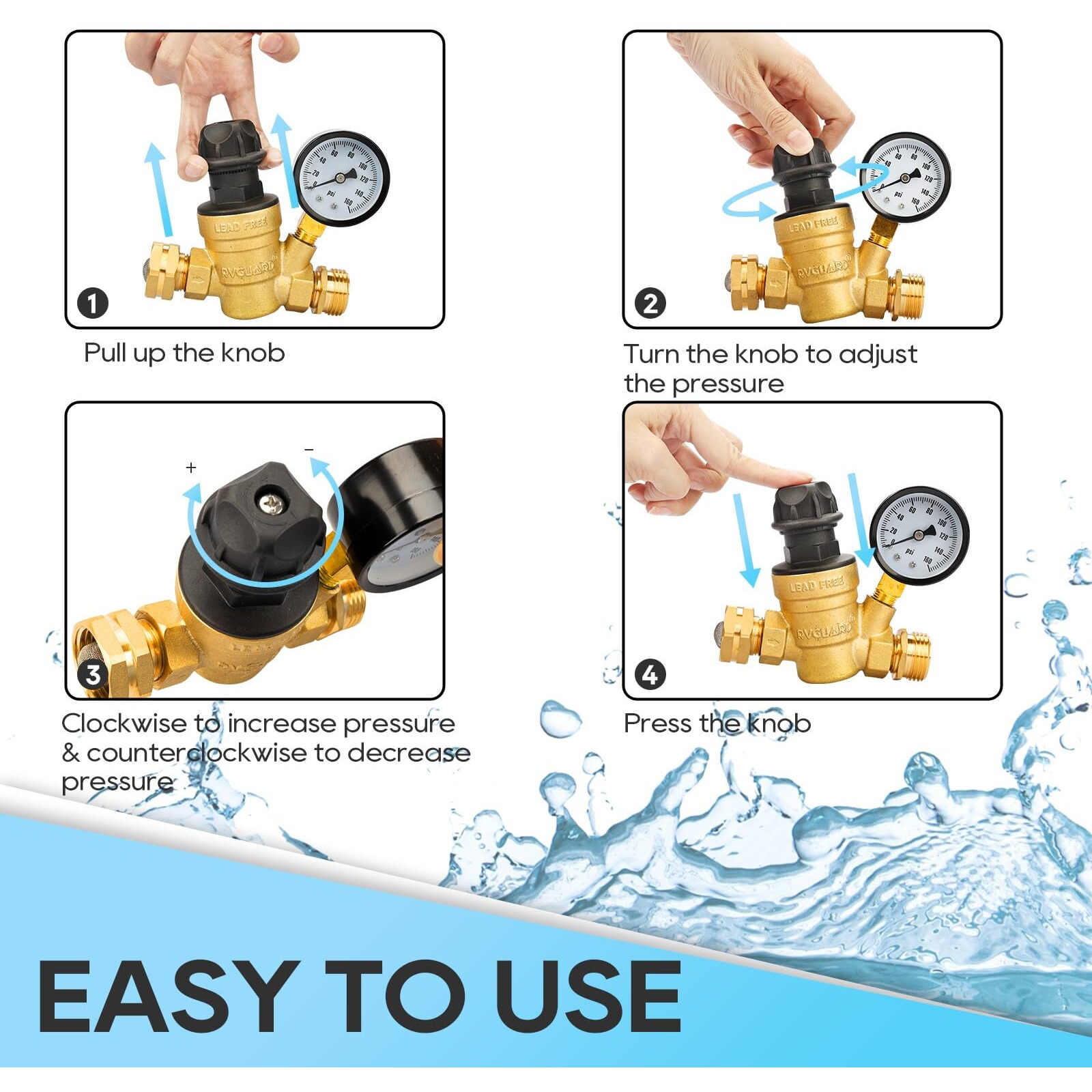 Rvguard Rv Water Pressure Regulator Valve With An Adjustable Knob  No Tool Required  Brass Lead-Free Water Pressure Reducer With Gauge And Inlet Screen Filter For Rv Camper Travel Trailer