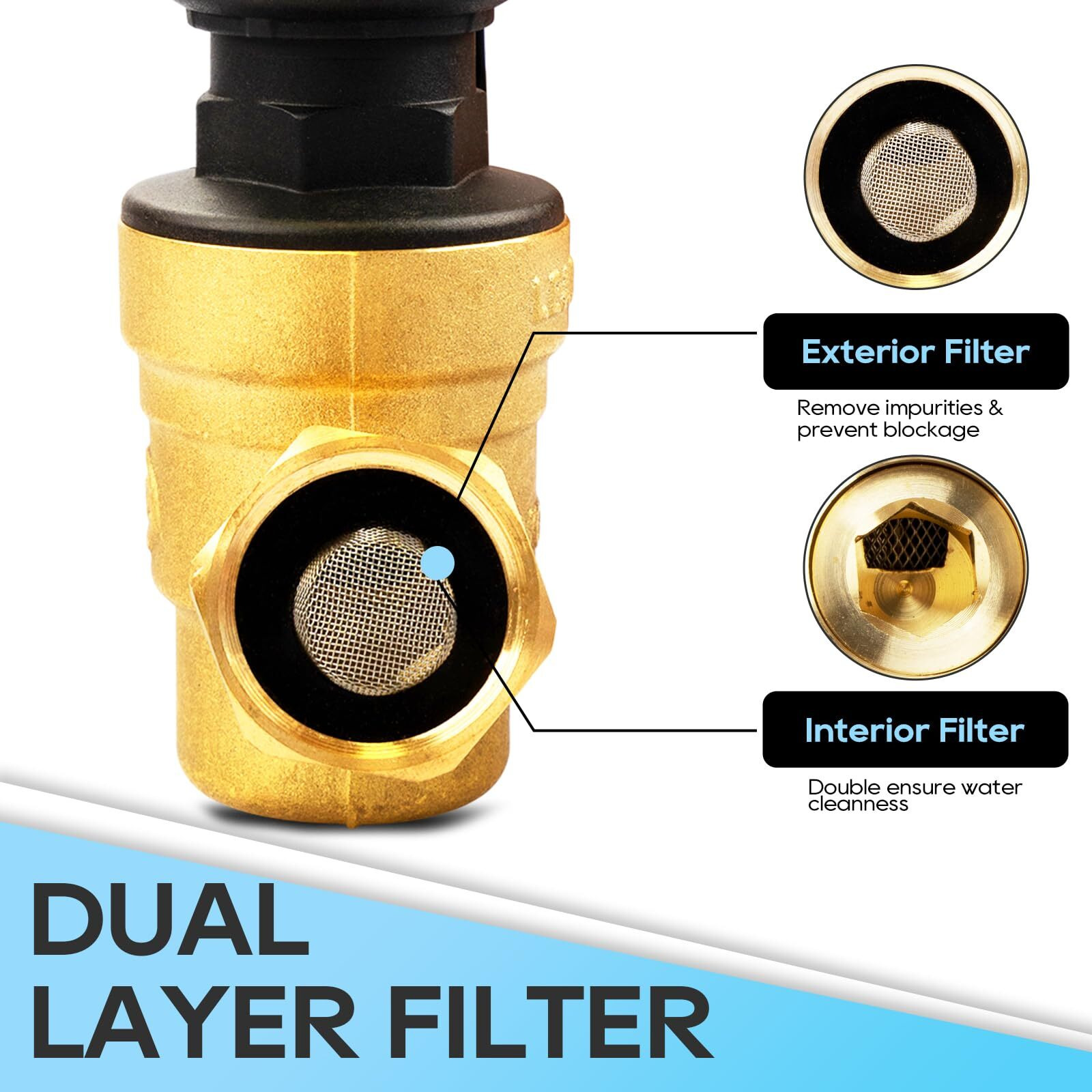 Rvguard Rv Water Pressure Regulator Valve With An Adjustable Knob  No Tool Required  Brass Lead-Free Water Pressure Reducer With Gauge And Inlet Screen Filter For Rv Camper Travel Trailer