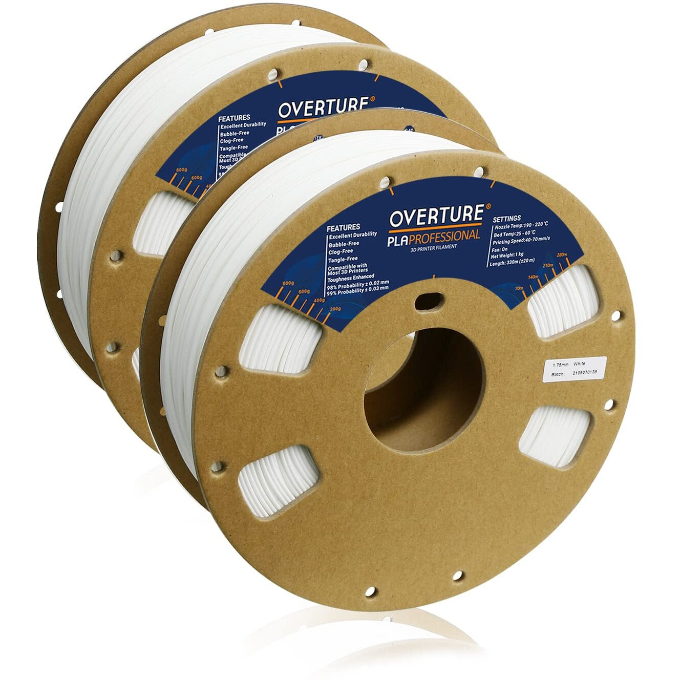 Overture Pla Plus (Pla+) Filament 1.75Mm Pla Professional Toughness Enhanced Pla Roll  Cardboard Spool  Premium Pla 2Kg(4.4Lbs)  Dimensional Accuracy 99% Probability +/- 0.03Mm (White 2-Pack)
