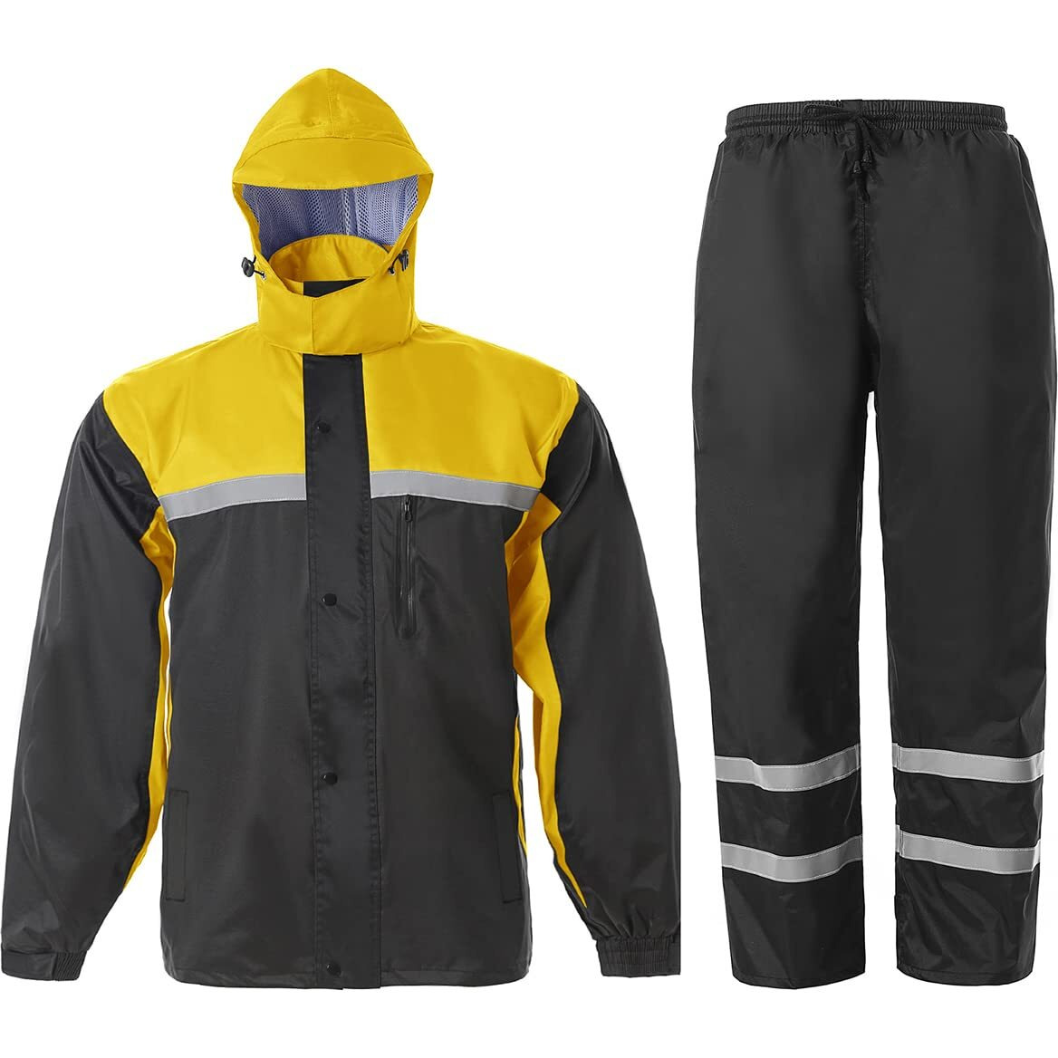 Saphirose Men's Rain Suit High Visibility Reflective Work Rain Jacket Pants For All Sport Farm Fishing Motorcycle (Black/Yellow Large)