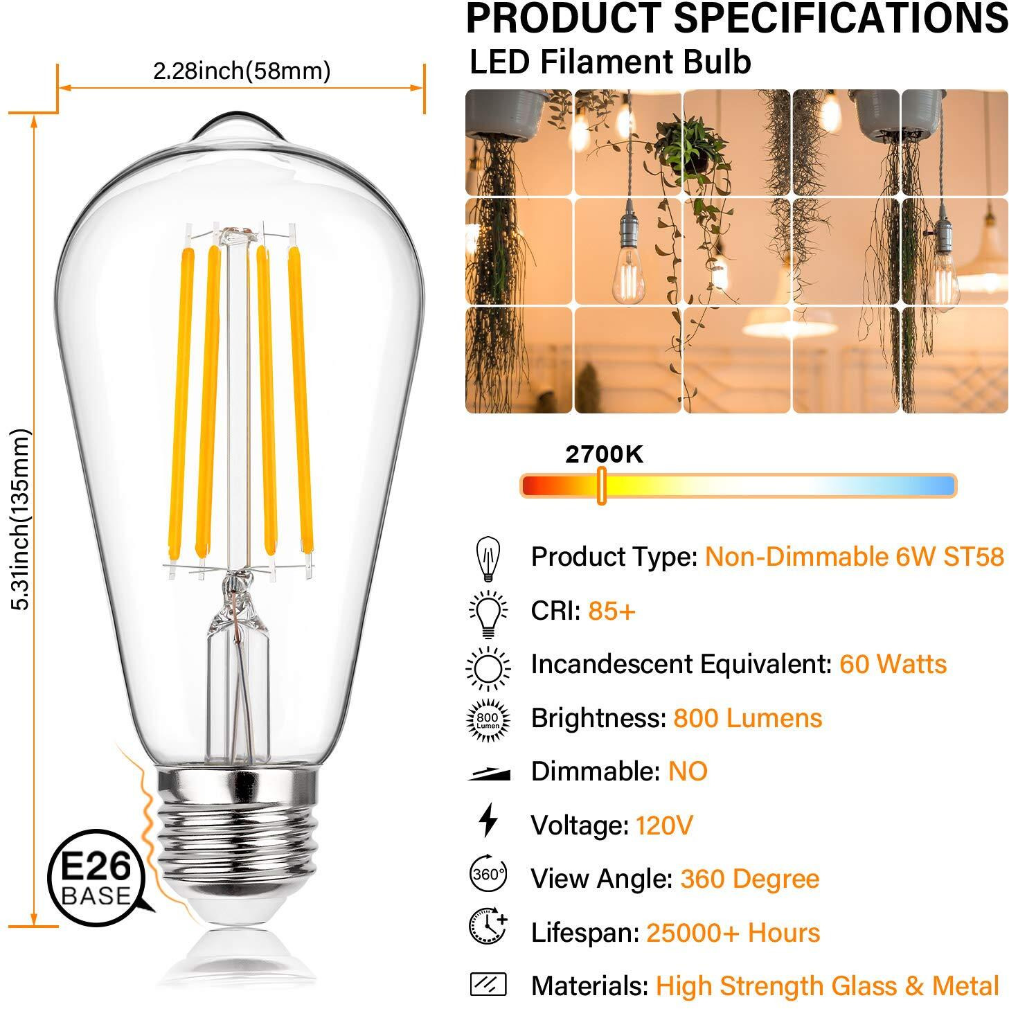 Maxvolador Vintage Led Edison Light Bulb  Equivalent 60 Watt  6W St58 Warm White 2700K  E26 Medium Base 800 Lumens High Brightness Antique Led Filament Bulbs  Cri 85+  Non-Dimmable  Pack Of 12