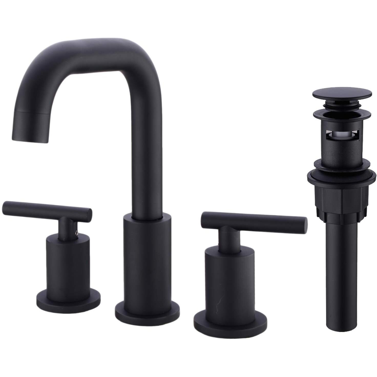 Trustmi 2-Handle 8 Inch Widespread Bathroom Sink Faucet  3 Hole Brass Vanity Faucet With Cupc Water Supply Lines And Pop Up Drain Assembly  Matte Black